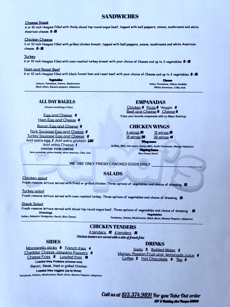 Papa's food truck Menu
