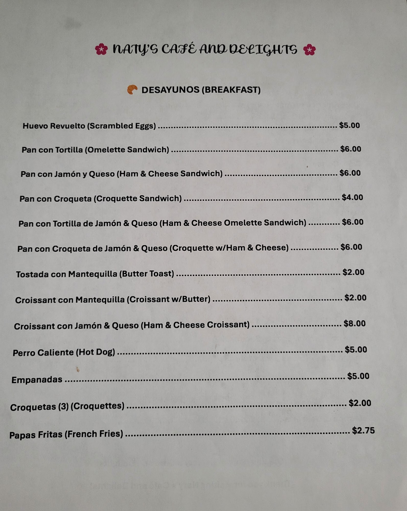 Naty's Cafe & Delights Menu