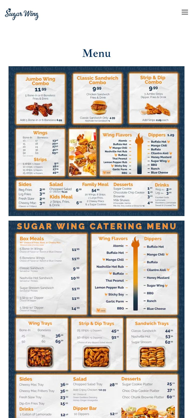 Sugar Wing Menu