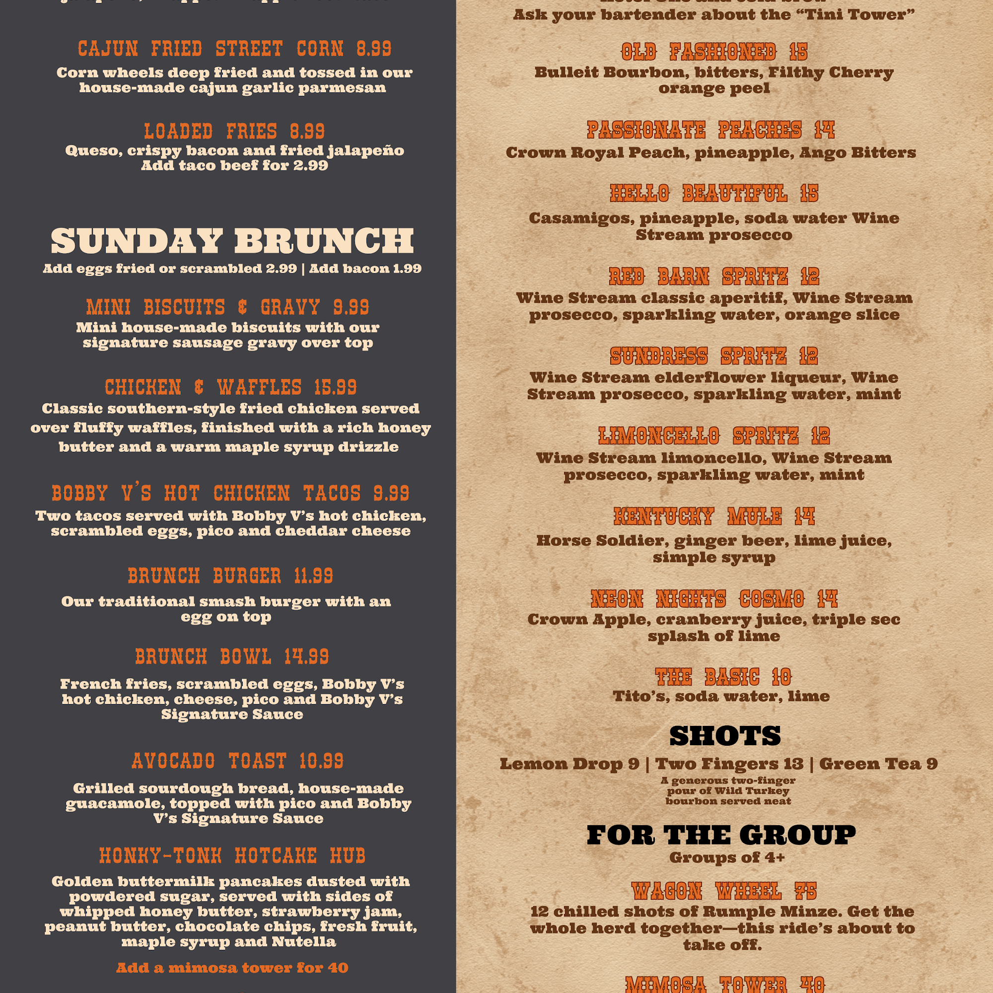 Sunset Rodeo Menu