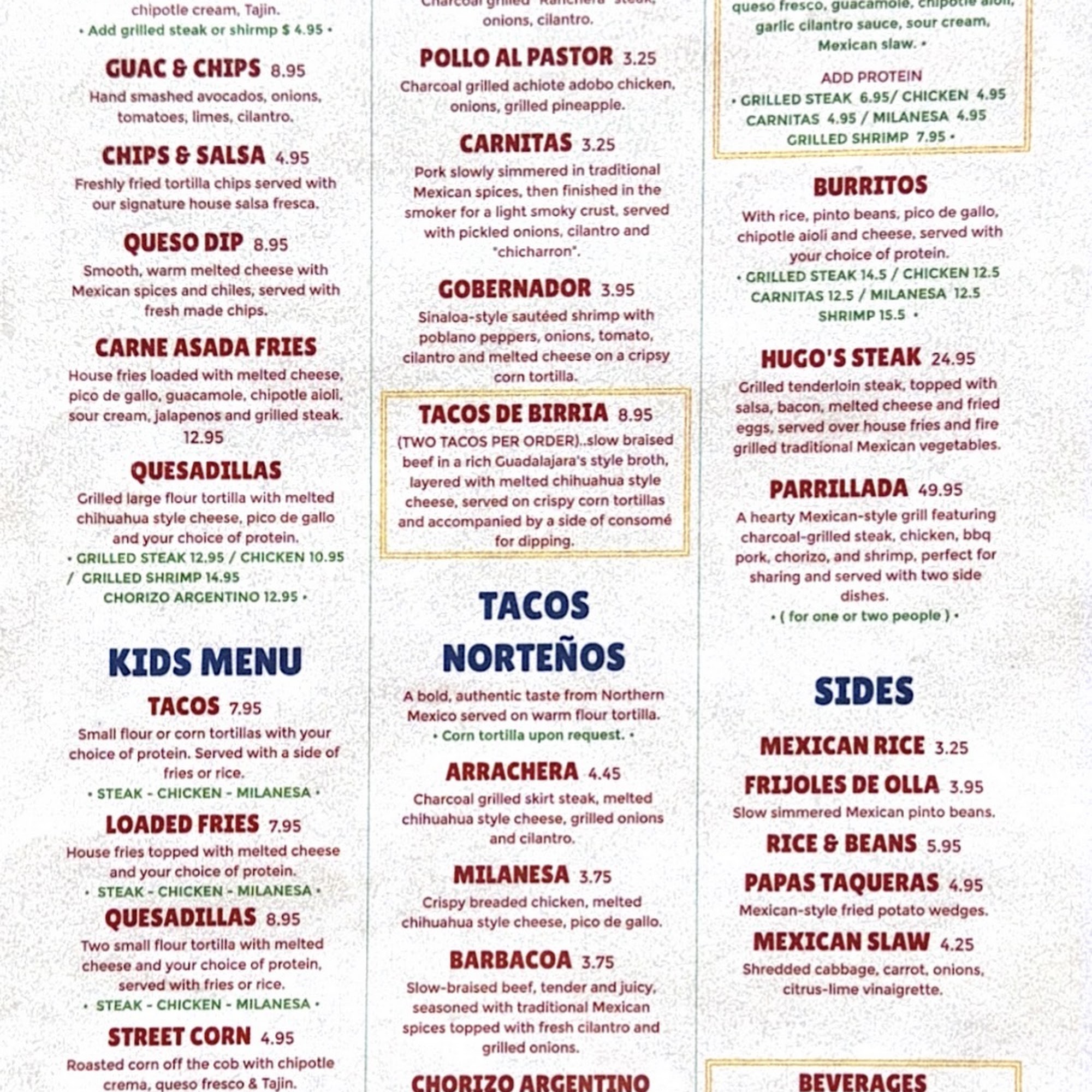 La Central Tacos Menu