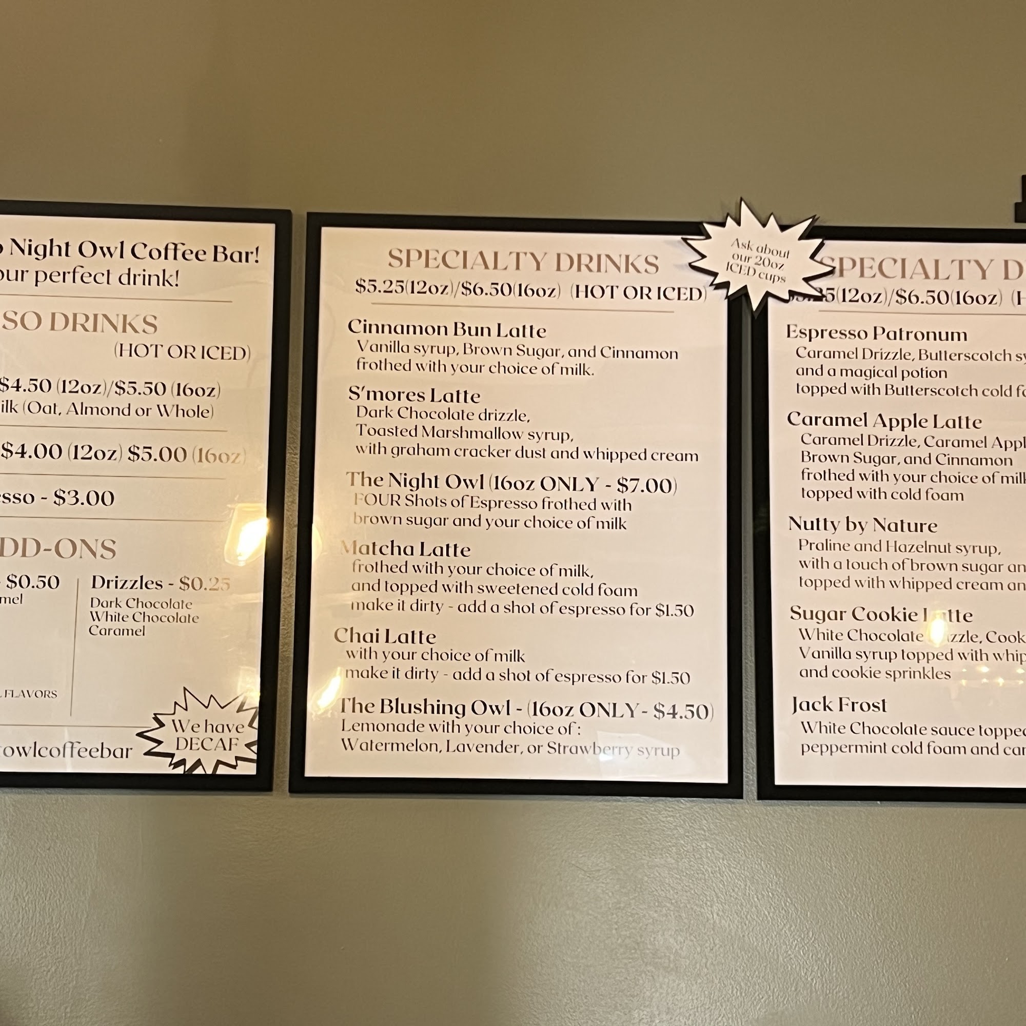 Night Owl Coffee Bar Menu