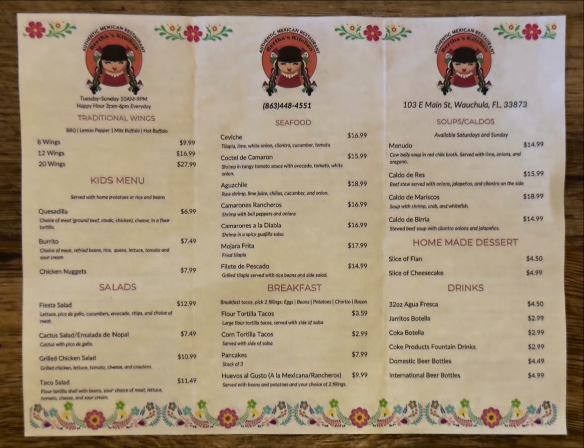 Bertha's Kitchen Authentic Mexican Restaurant Menu