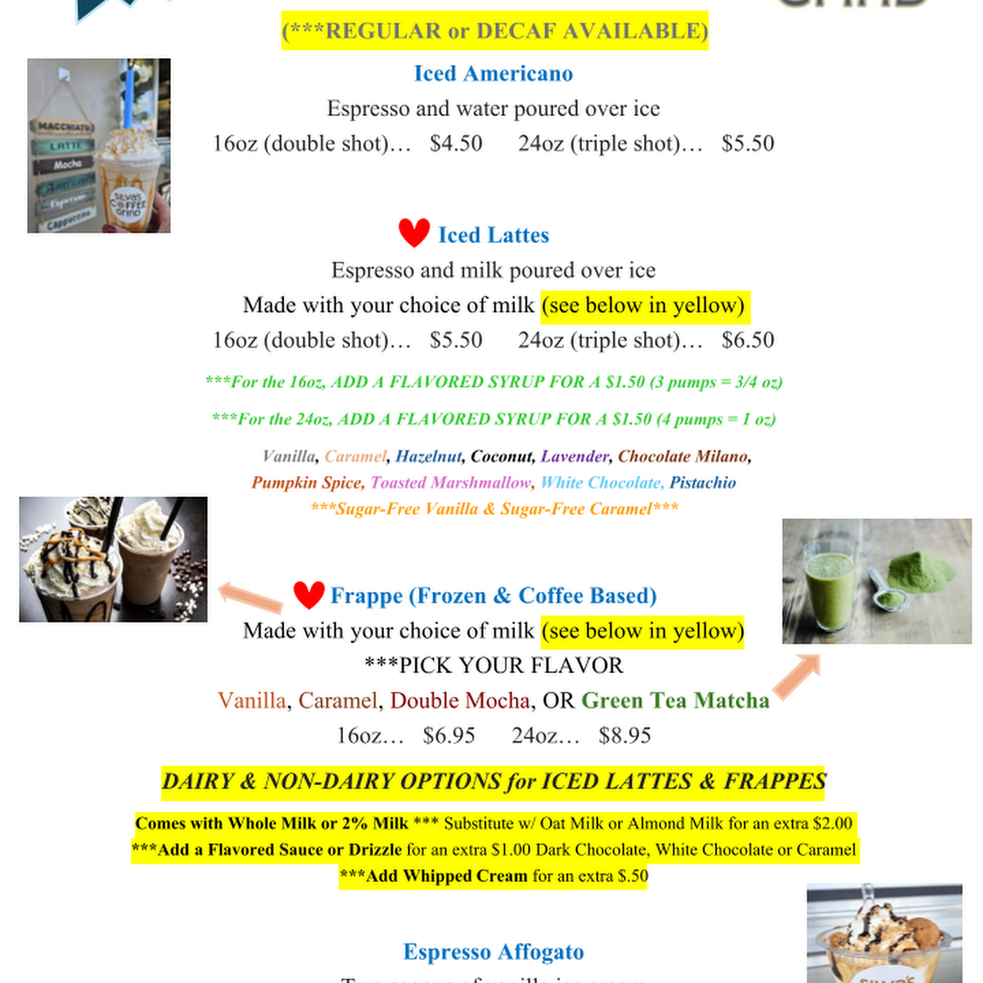 Silva's Coffee Grind Menu