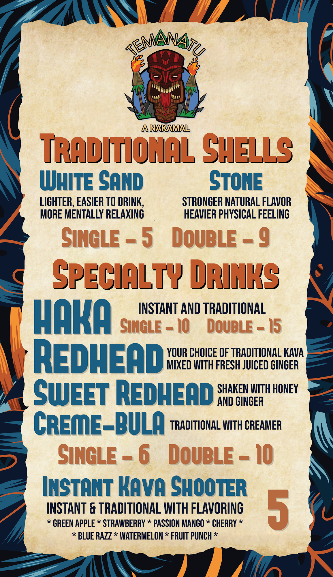 Temanatu Kava Bar Menu