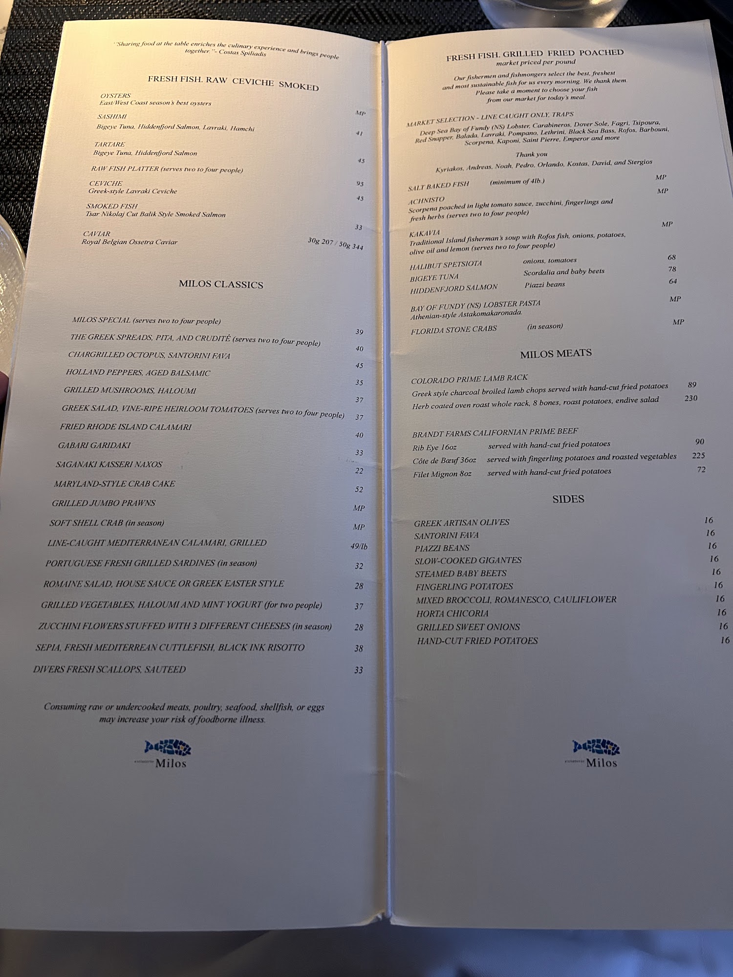 MILOS Menu