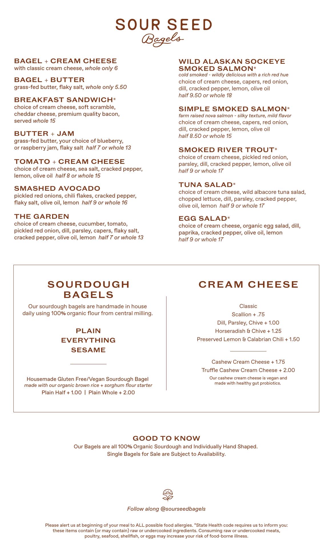 Sour Seed Bagels Menu