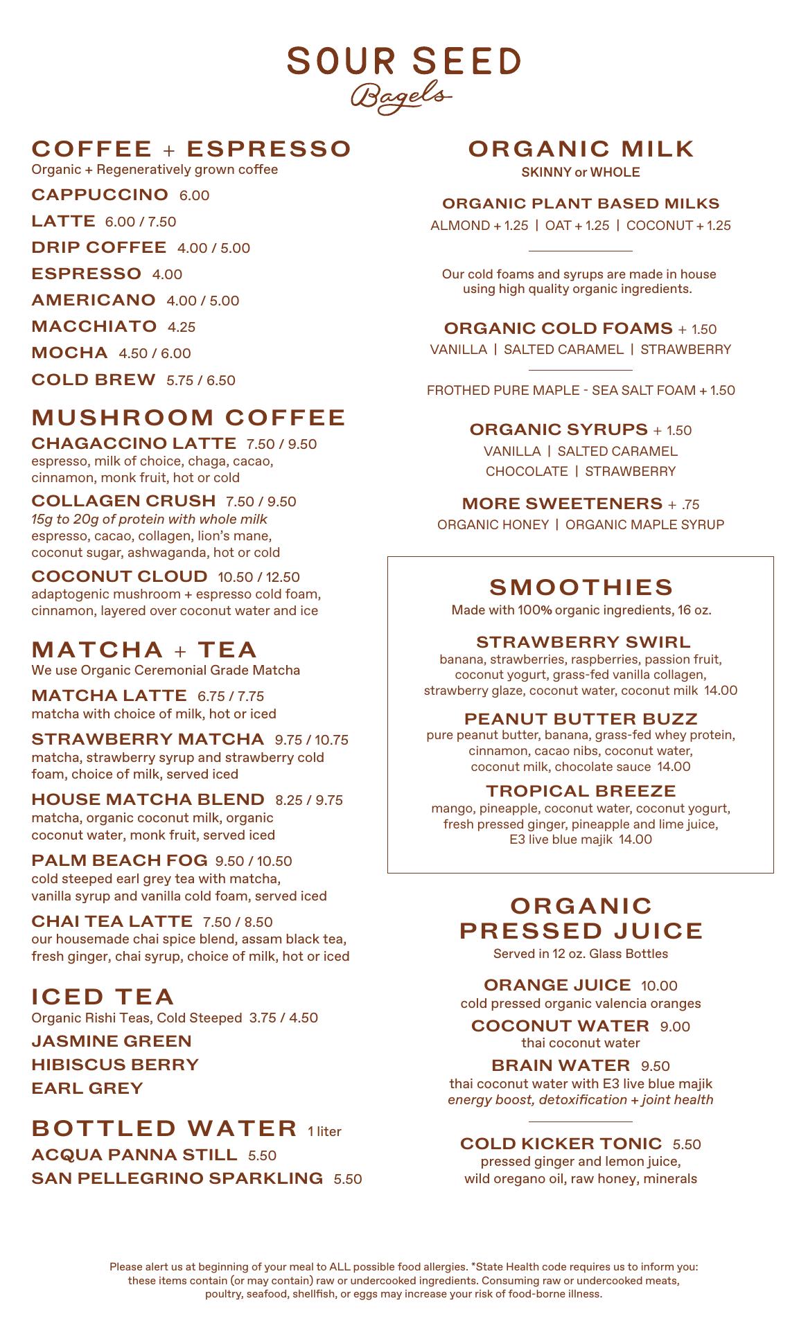 Sour Seed Bagels Menu