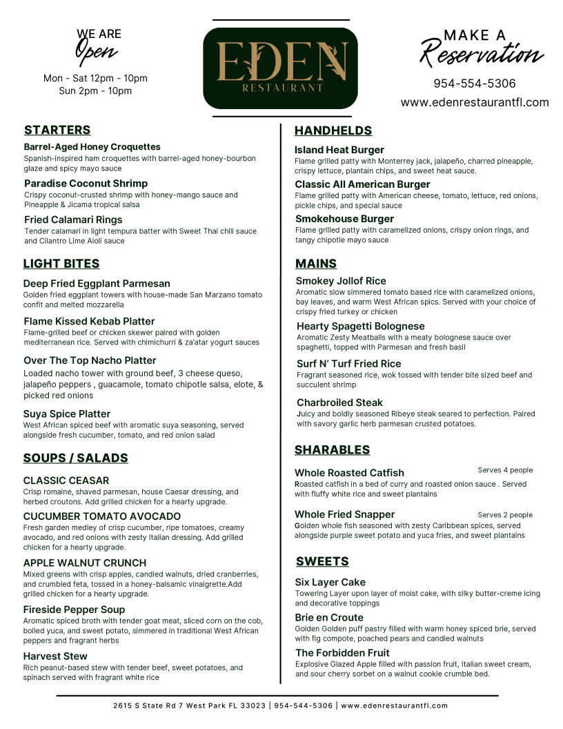 Eden Restaurant FL Menu