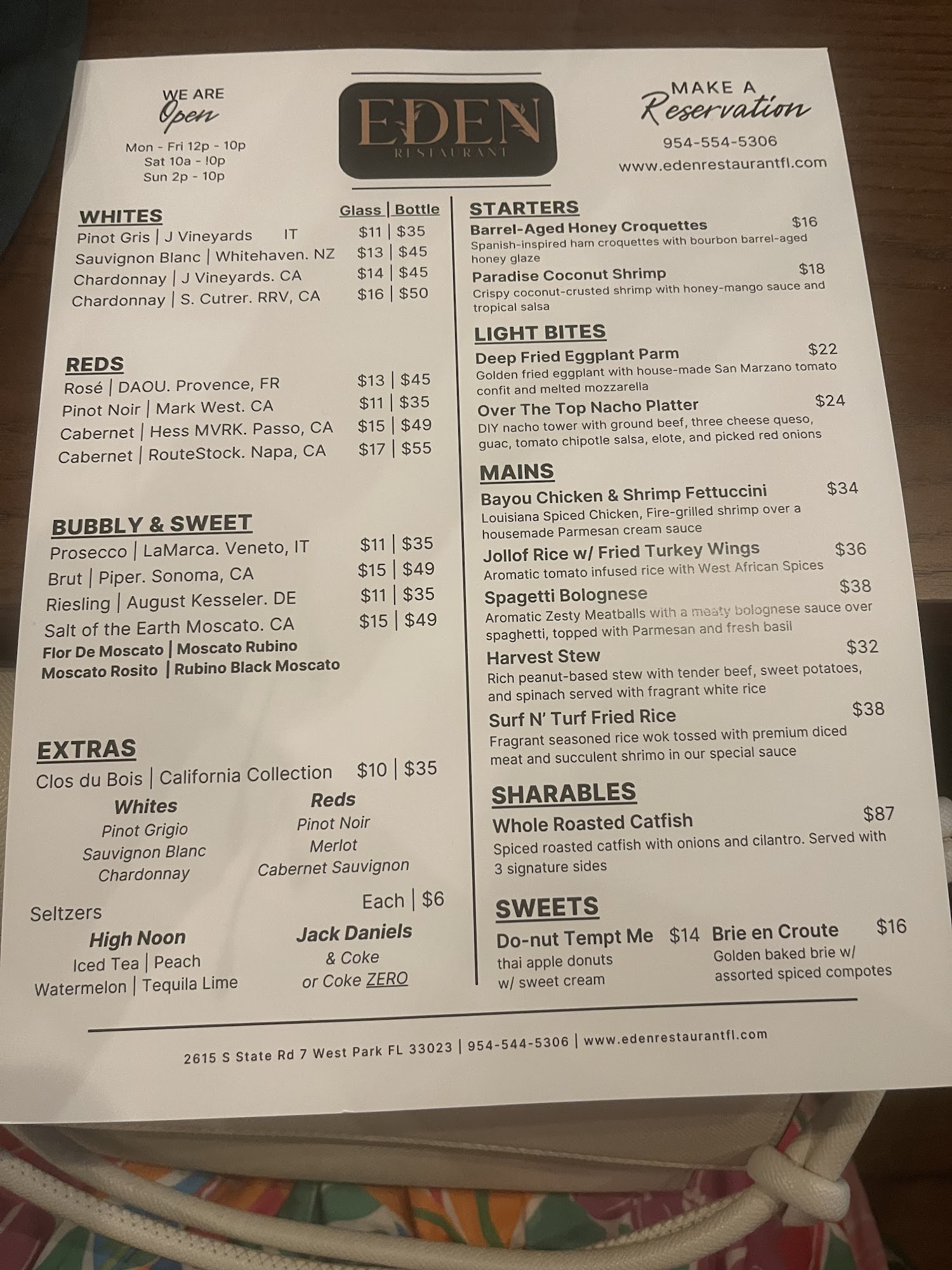 Eden Restaurant FL Menu