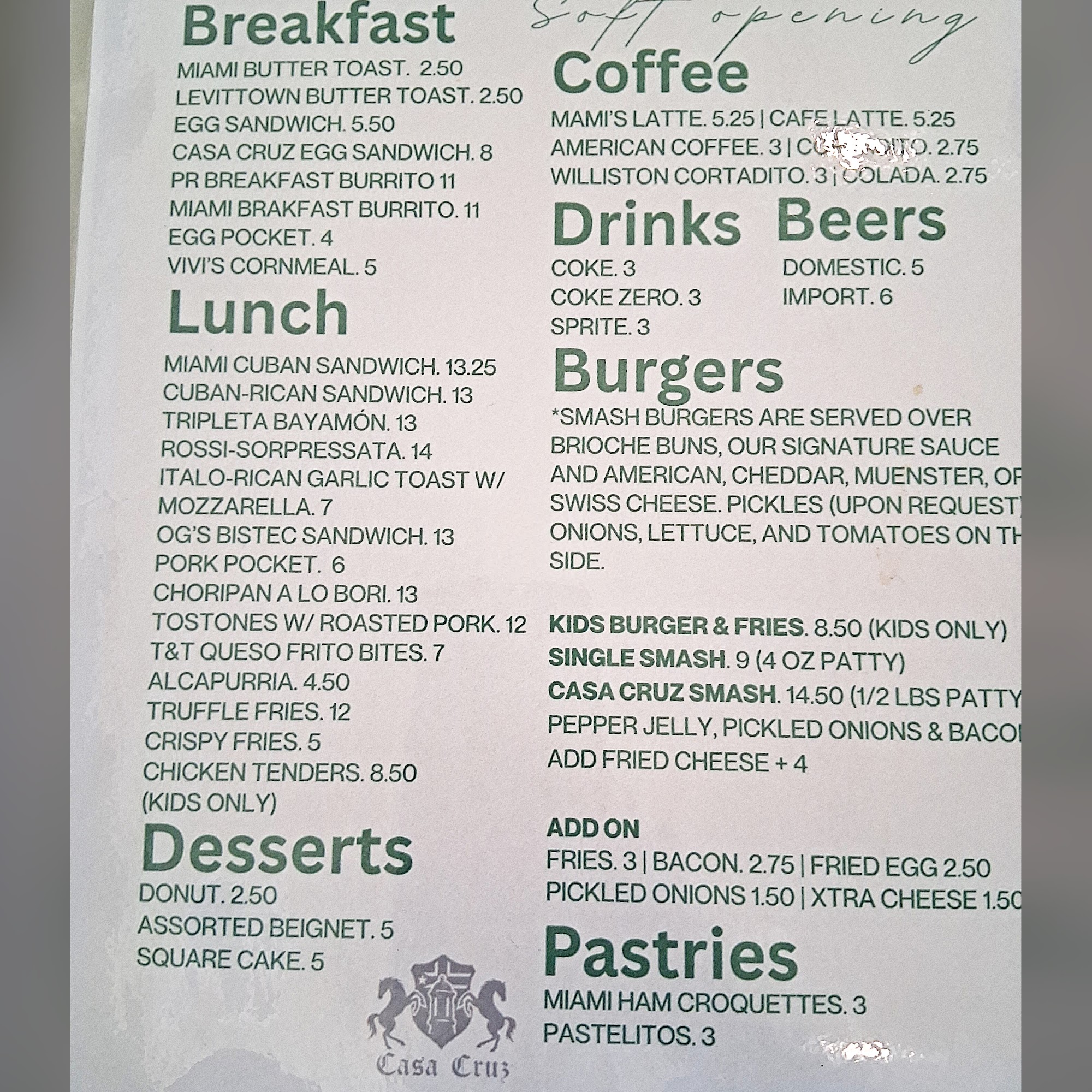 Casa Cruz Restaurant Menu