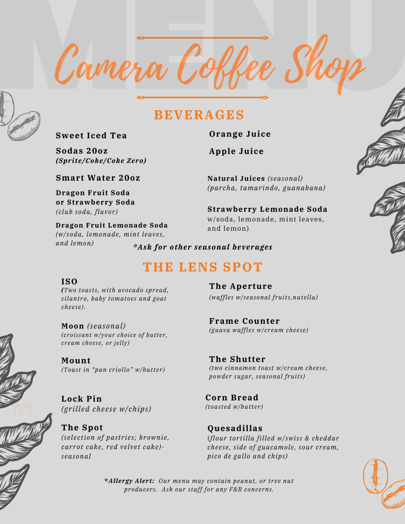 Camera Coffee Shop Menu