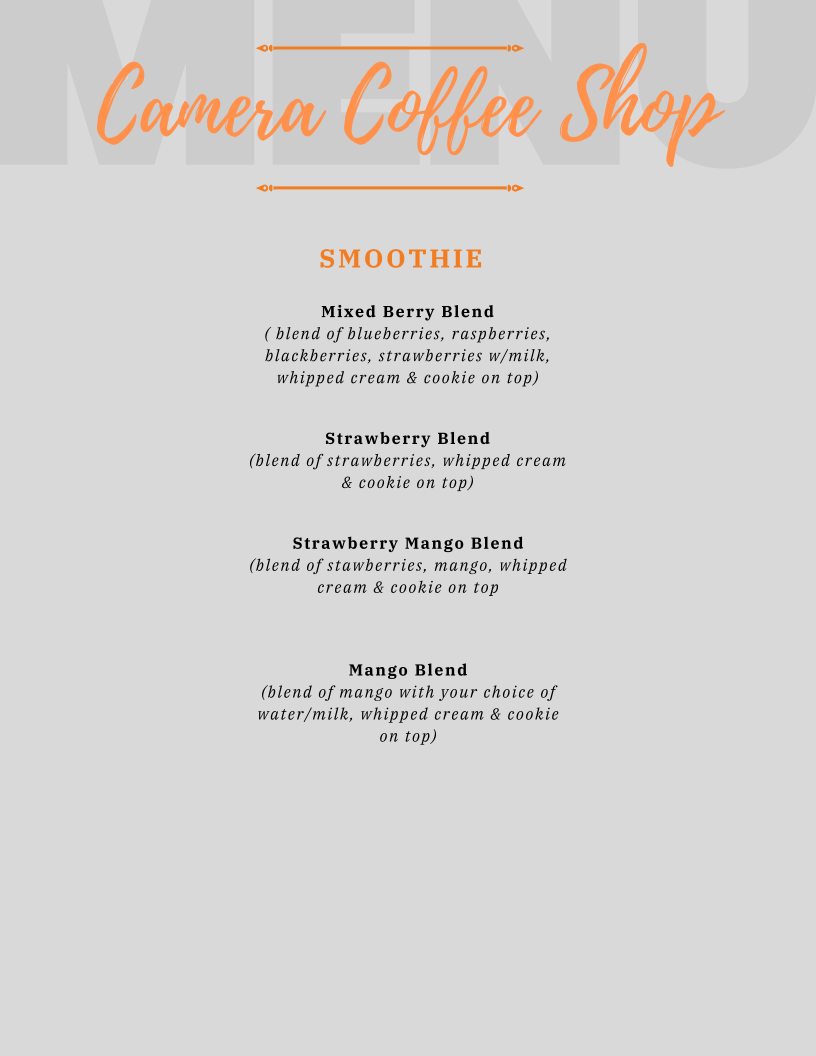 Camera Coffee Shop Menu