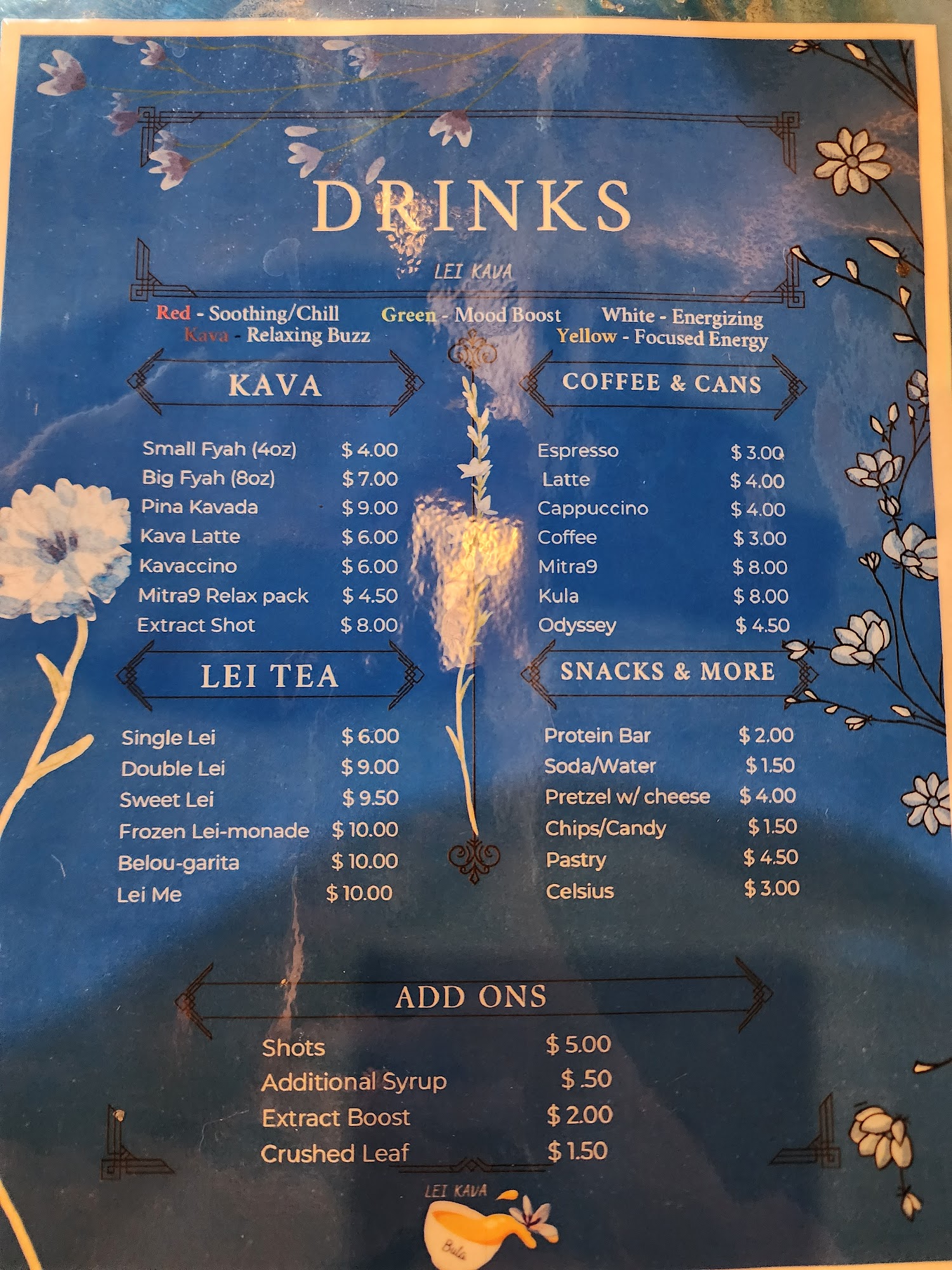 Lei Kava Menu