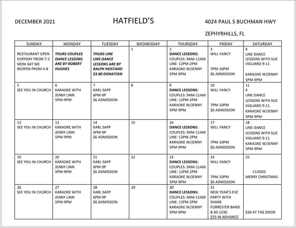 Hatfield's Menu