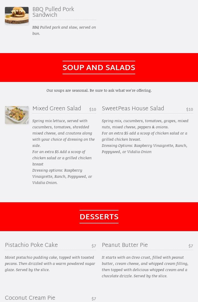 SweetPeas 73 Cafe Menu