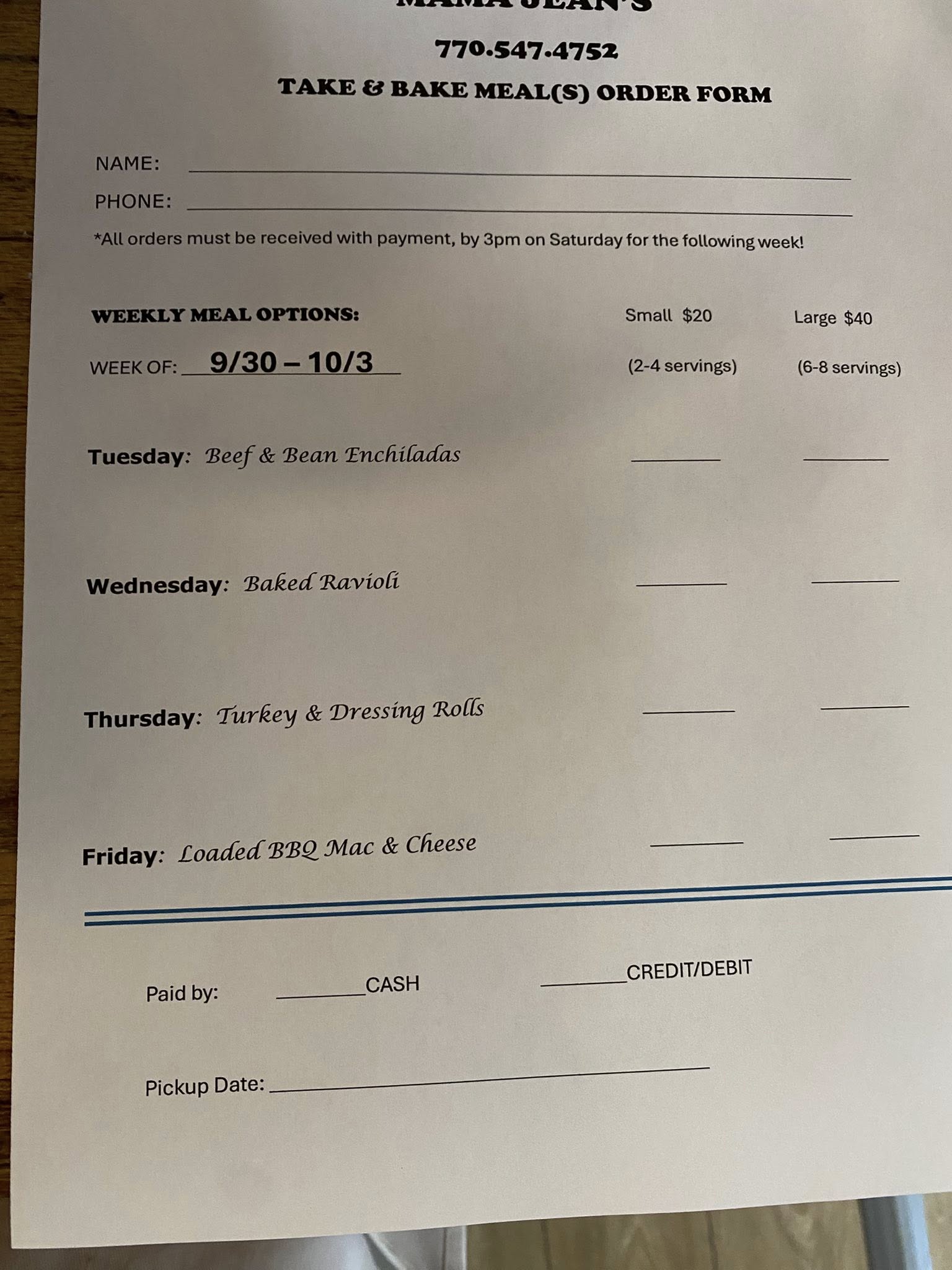 Mama Jean’s Cafe Menu