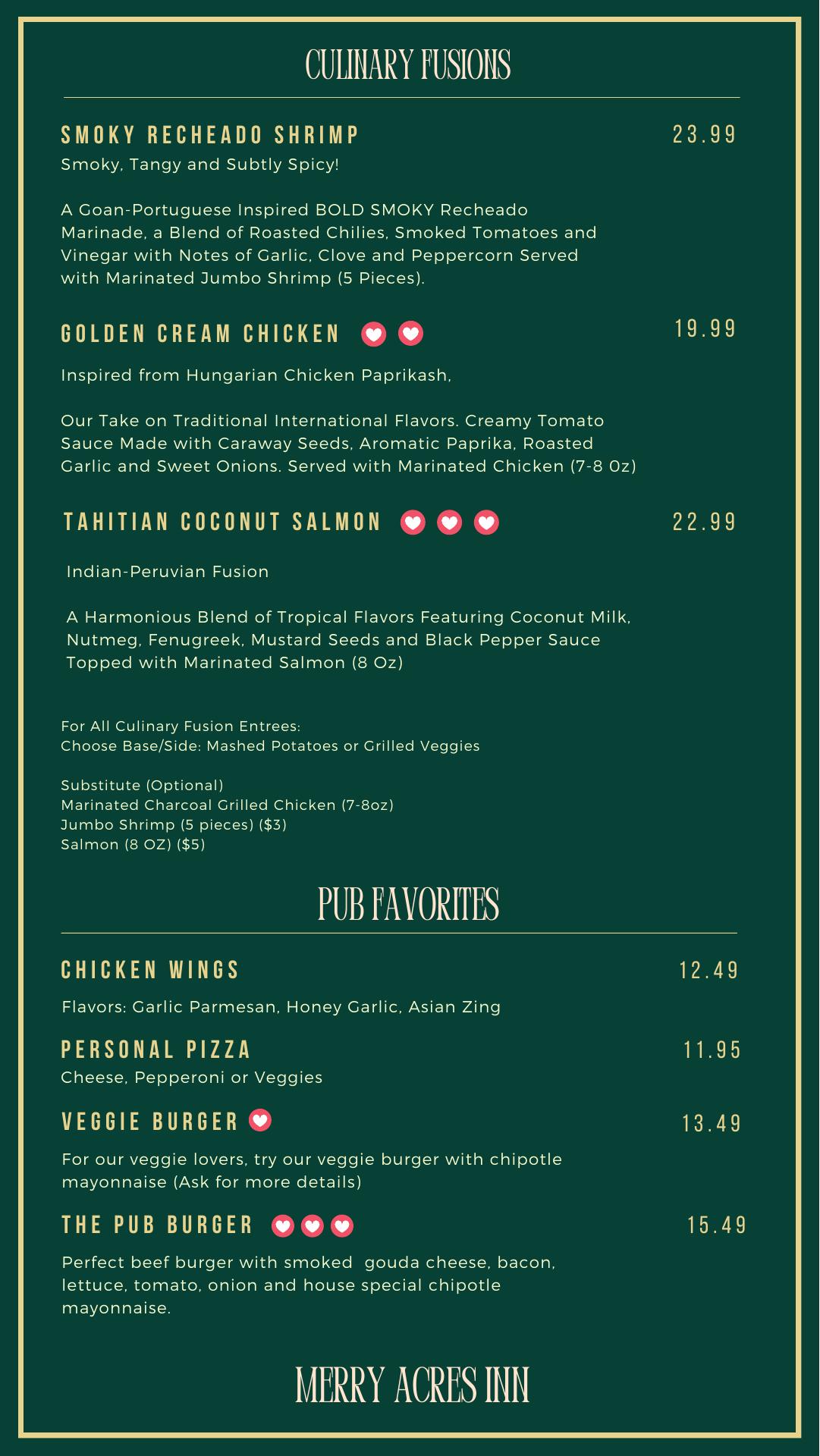 Manor House Pub Menu