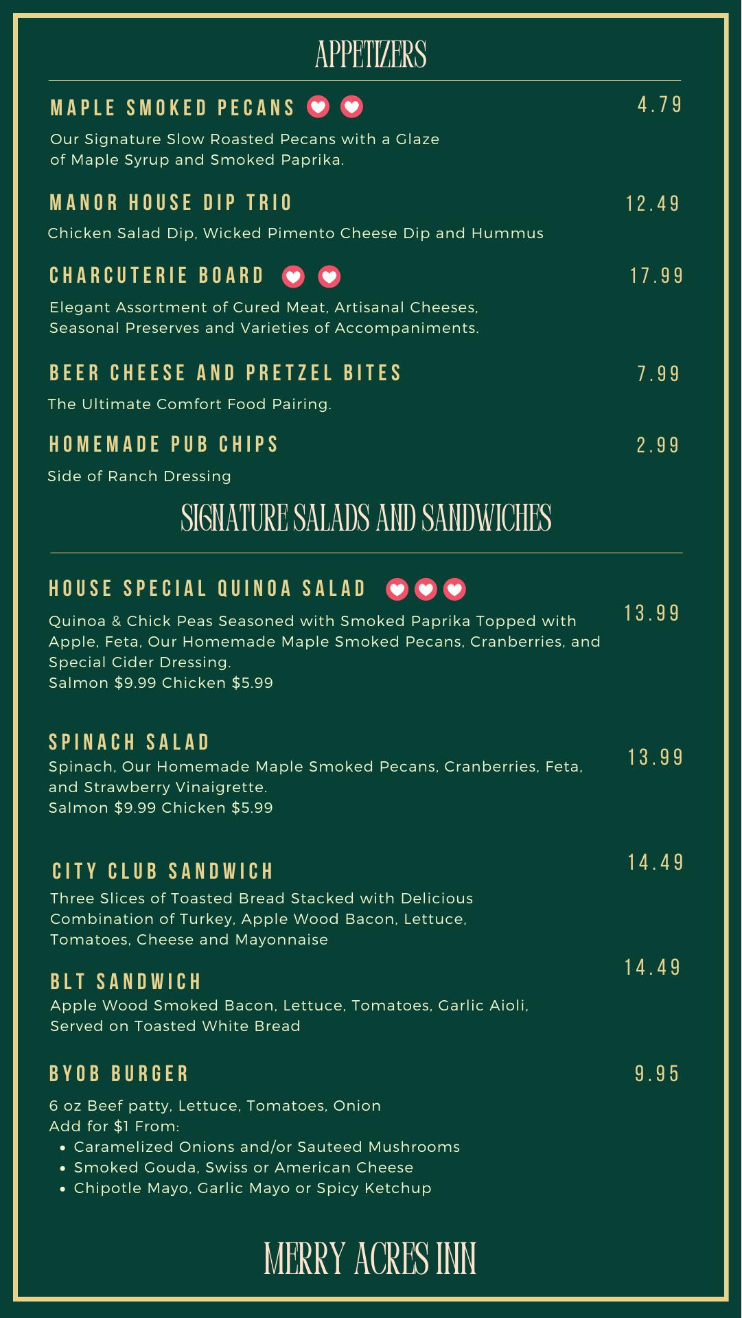 Manor House Pub Menu