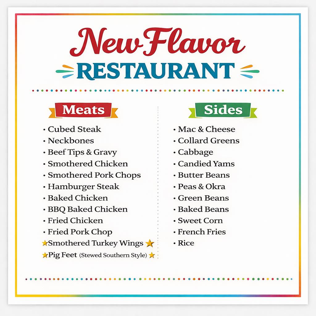 New Flavor Restaurant Menu