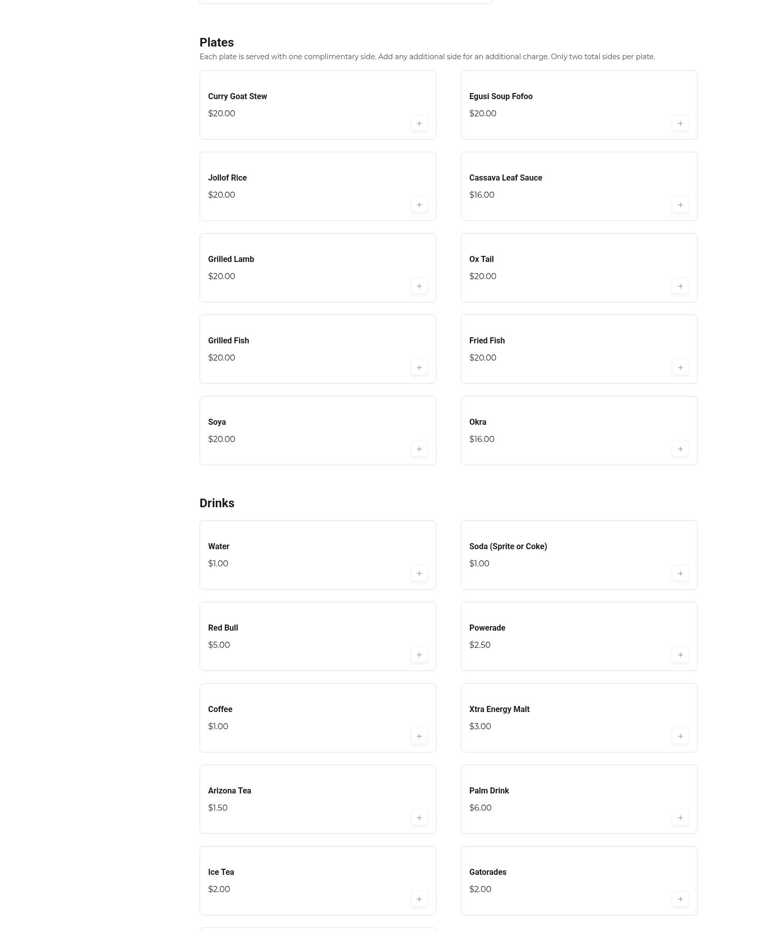 Senegambia Restaurant Menu