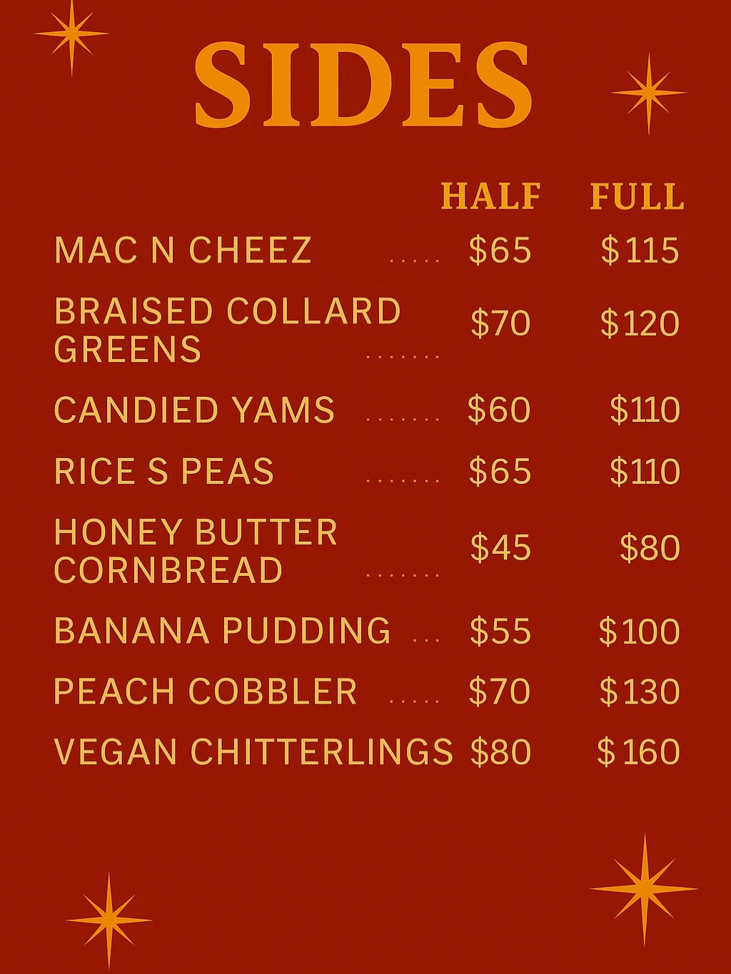 Down South Vegan Menu