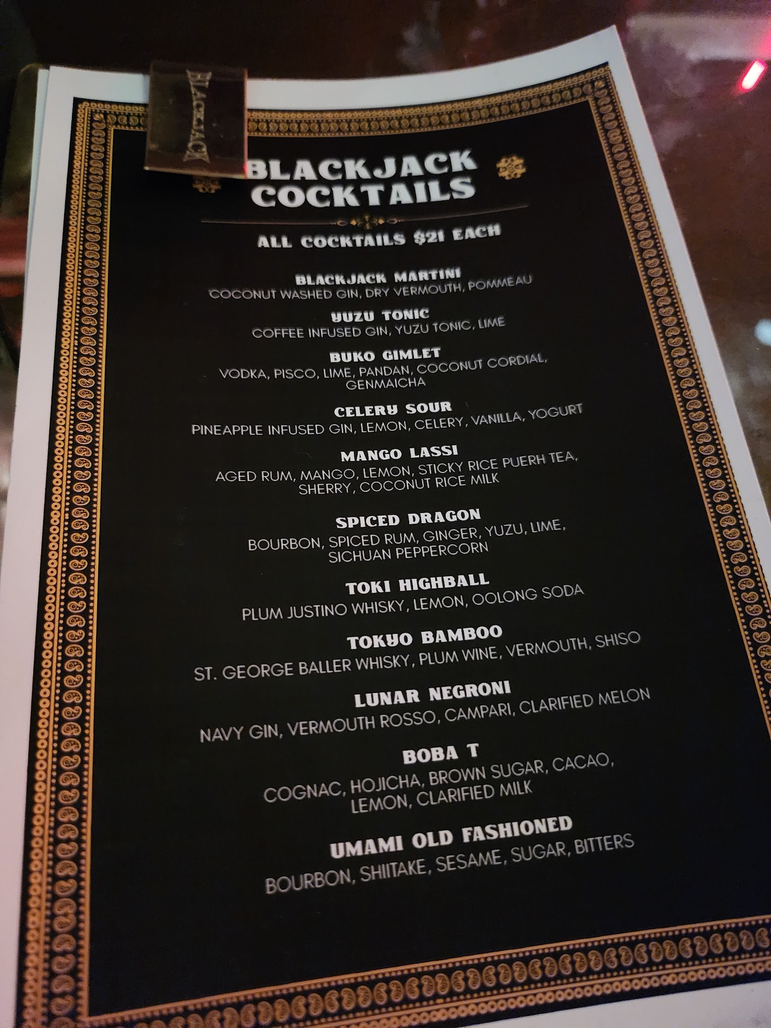 Blackjack Bar Tapas Menu