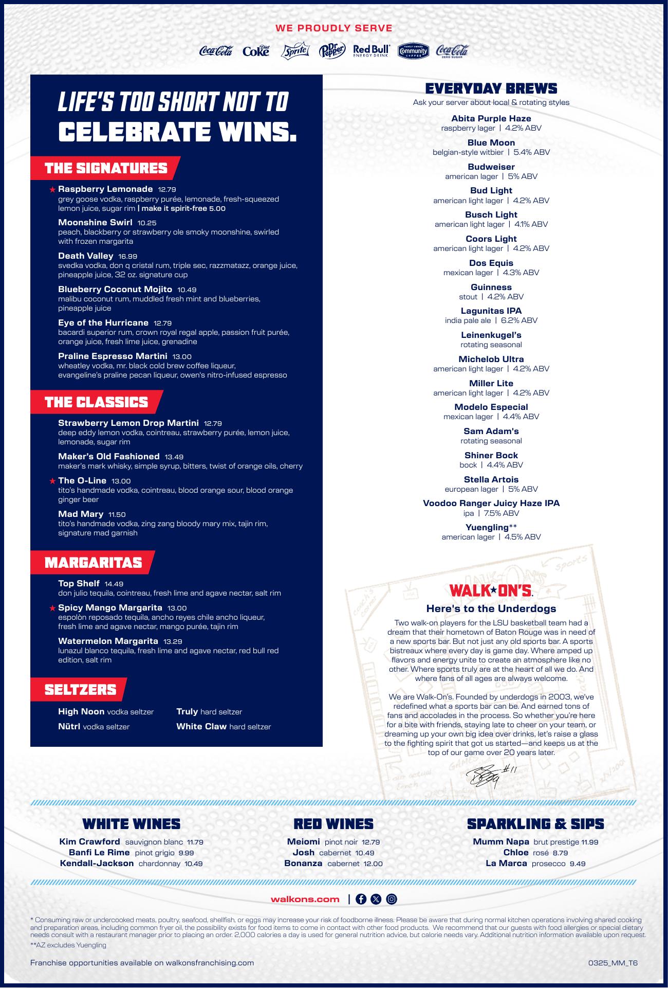 Walk-On's Atlanta, GA - The Battery Menu