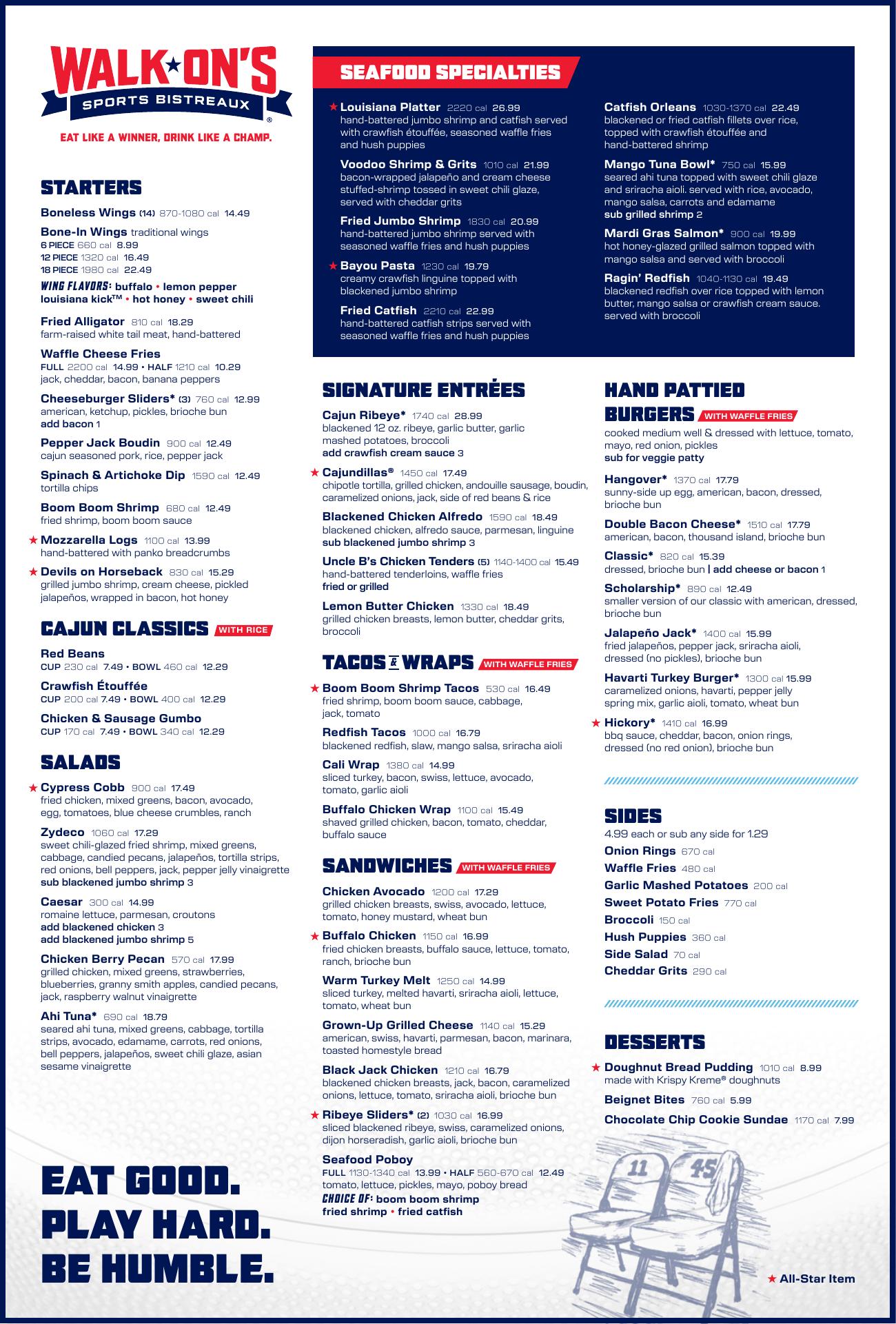 Walk-On's Atlanta, GA - The Battery Menu