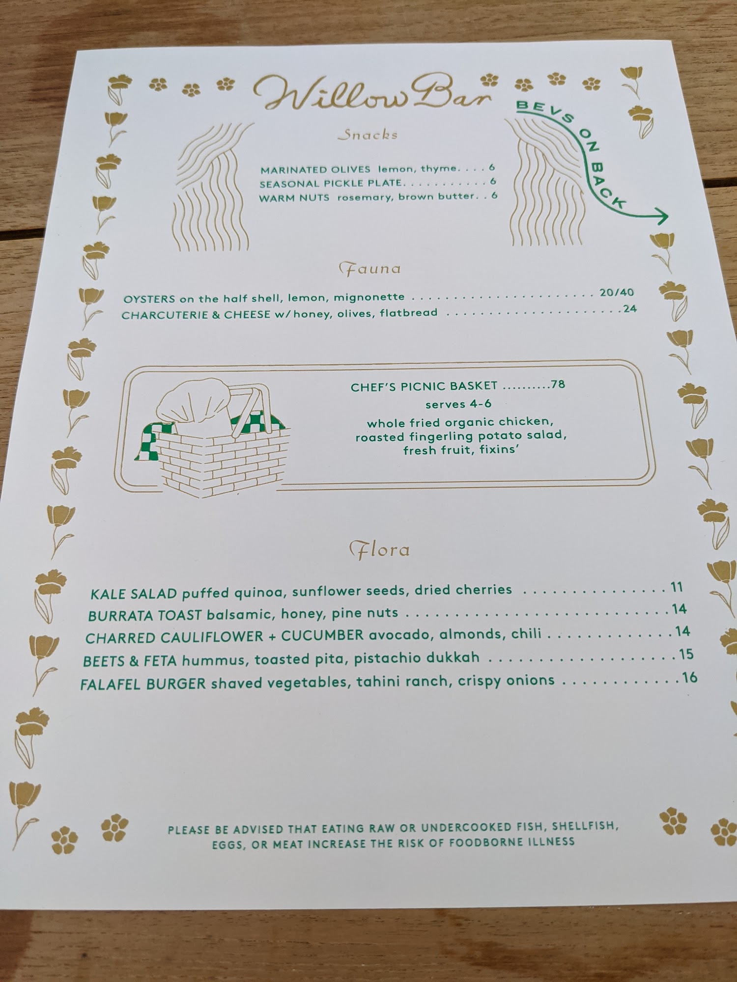 Willow Bar Menu