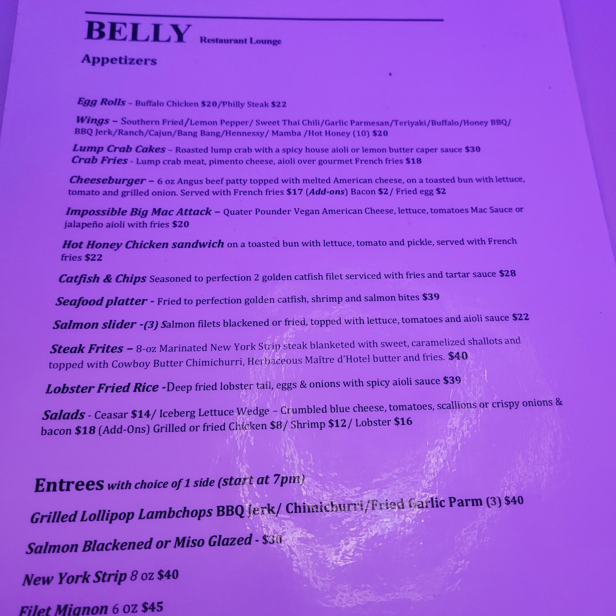 Belly Restaurant and Lounge Menu