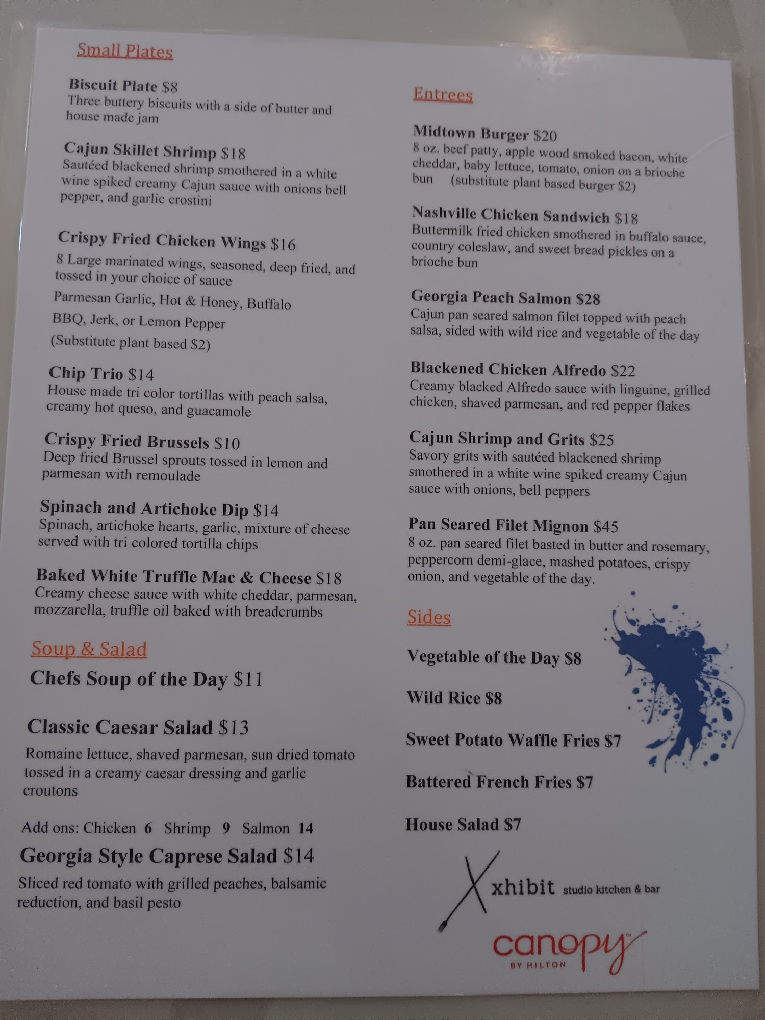 Xhibit Studio Kitchen and Bar Menu