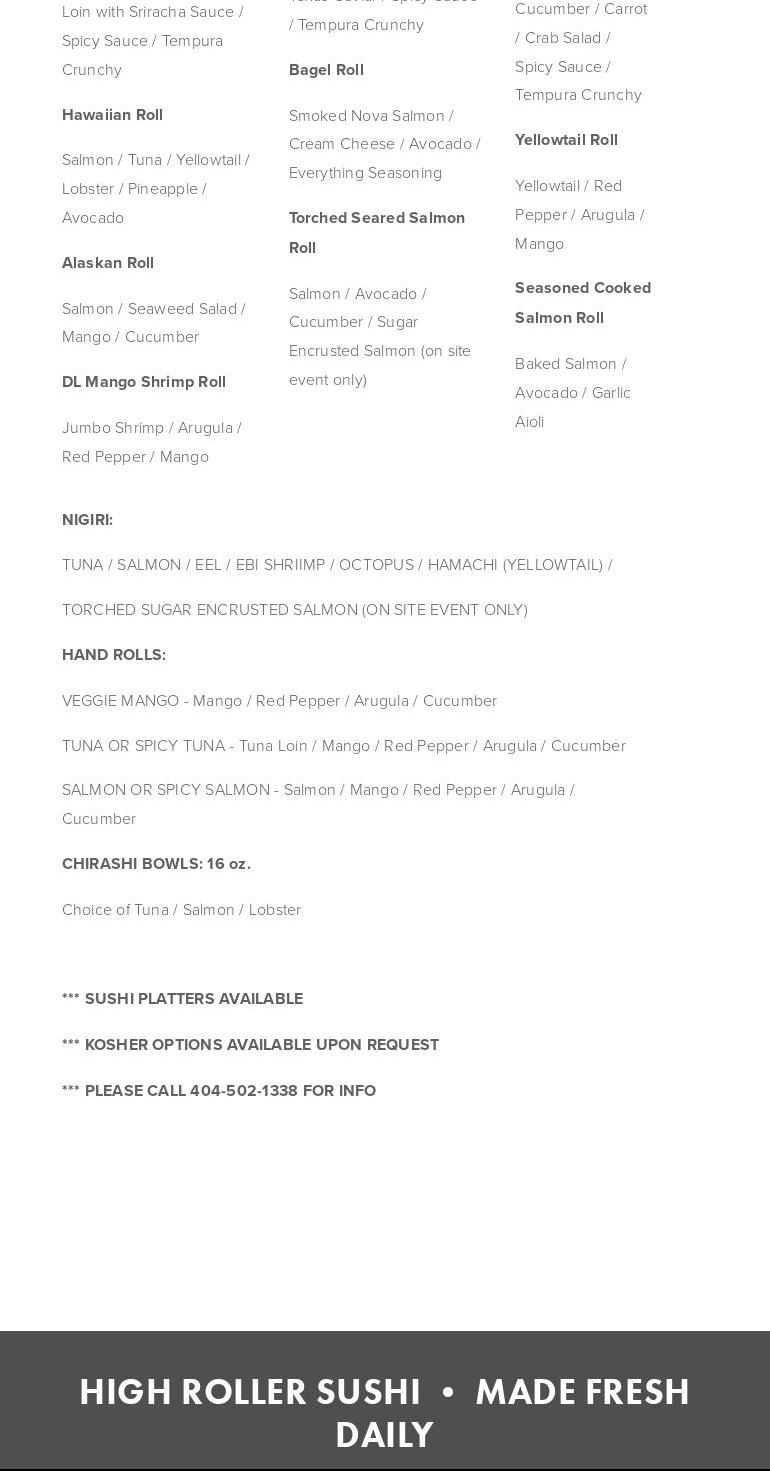 High Roller Sushi, LLC Menu