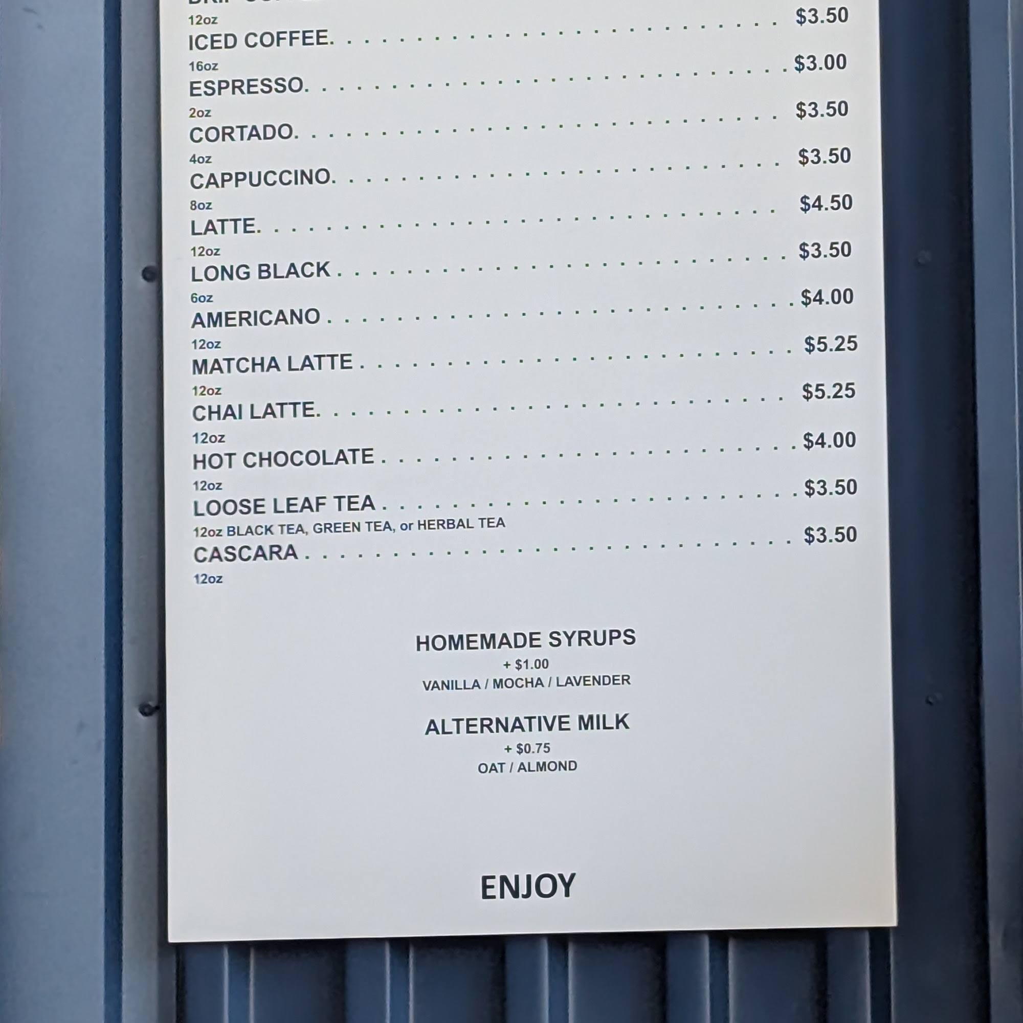 BRASH Coffee Menu