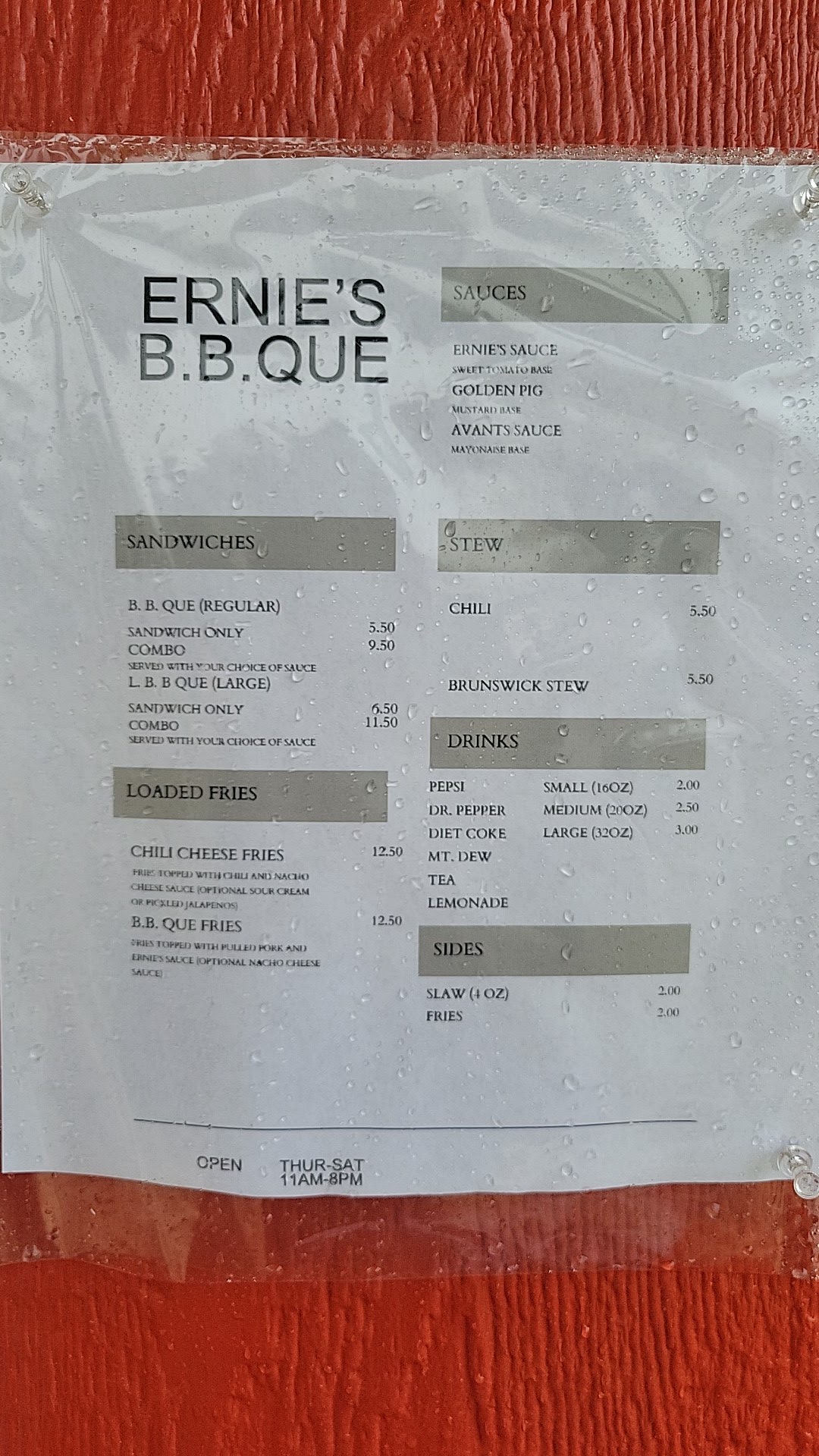 Ernies B-B-Que Menu