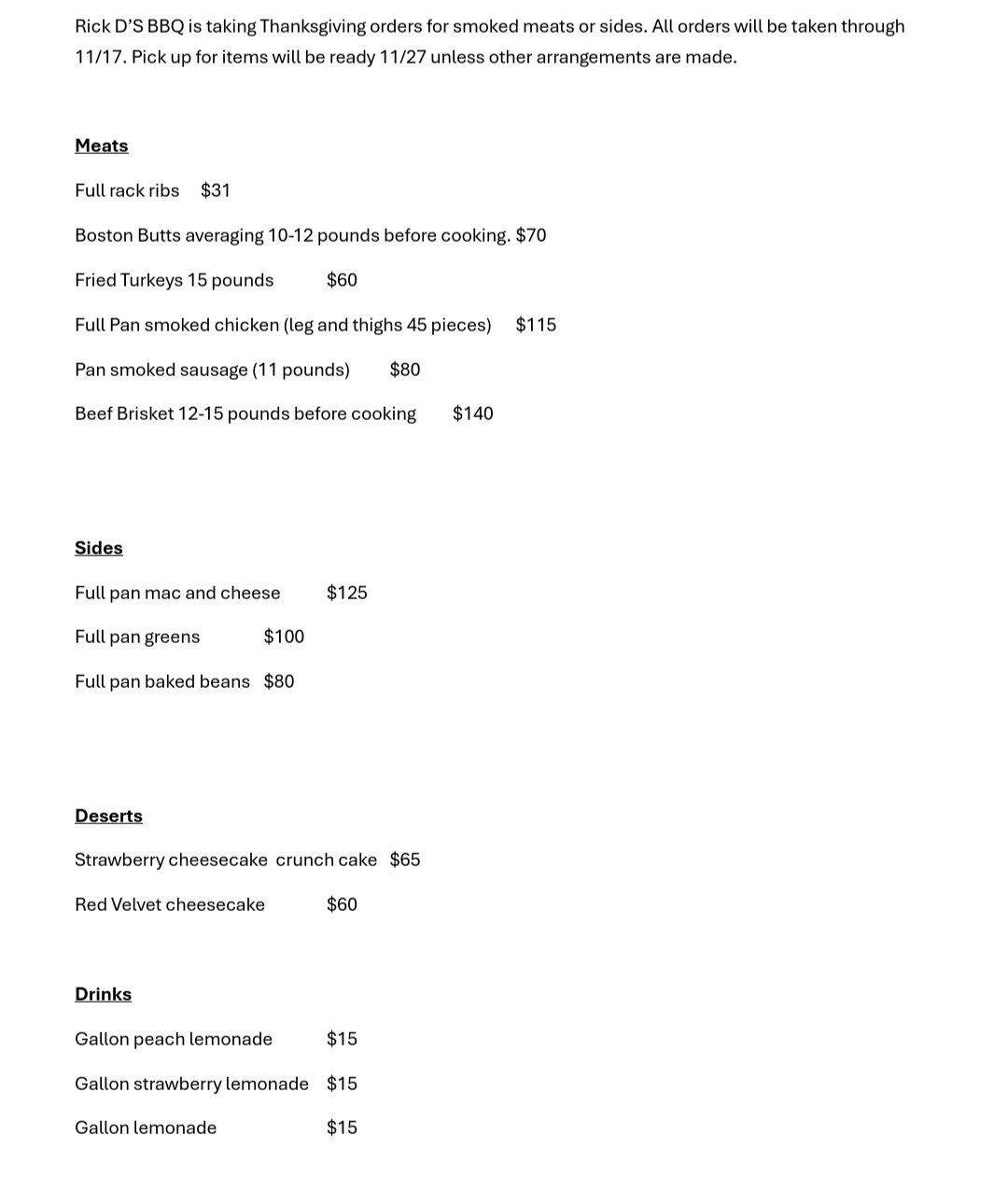 Rick D's BBQ & more Menu