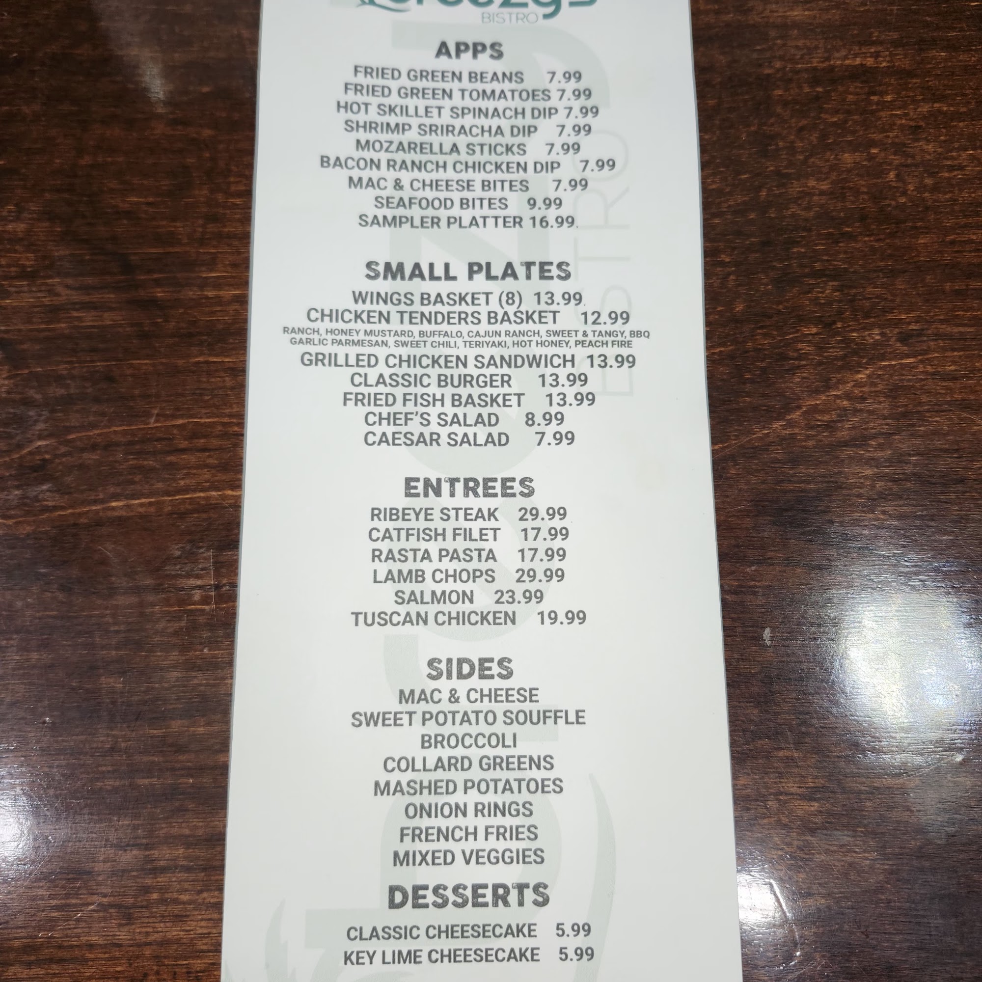 Breezy's Bistro Menu