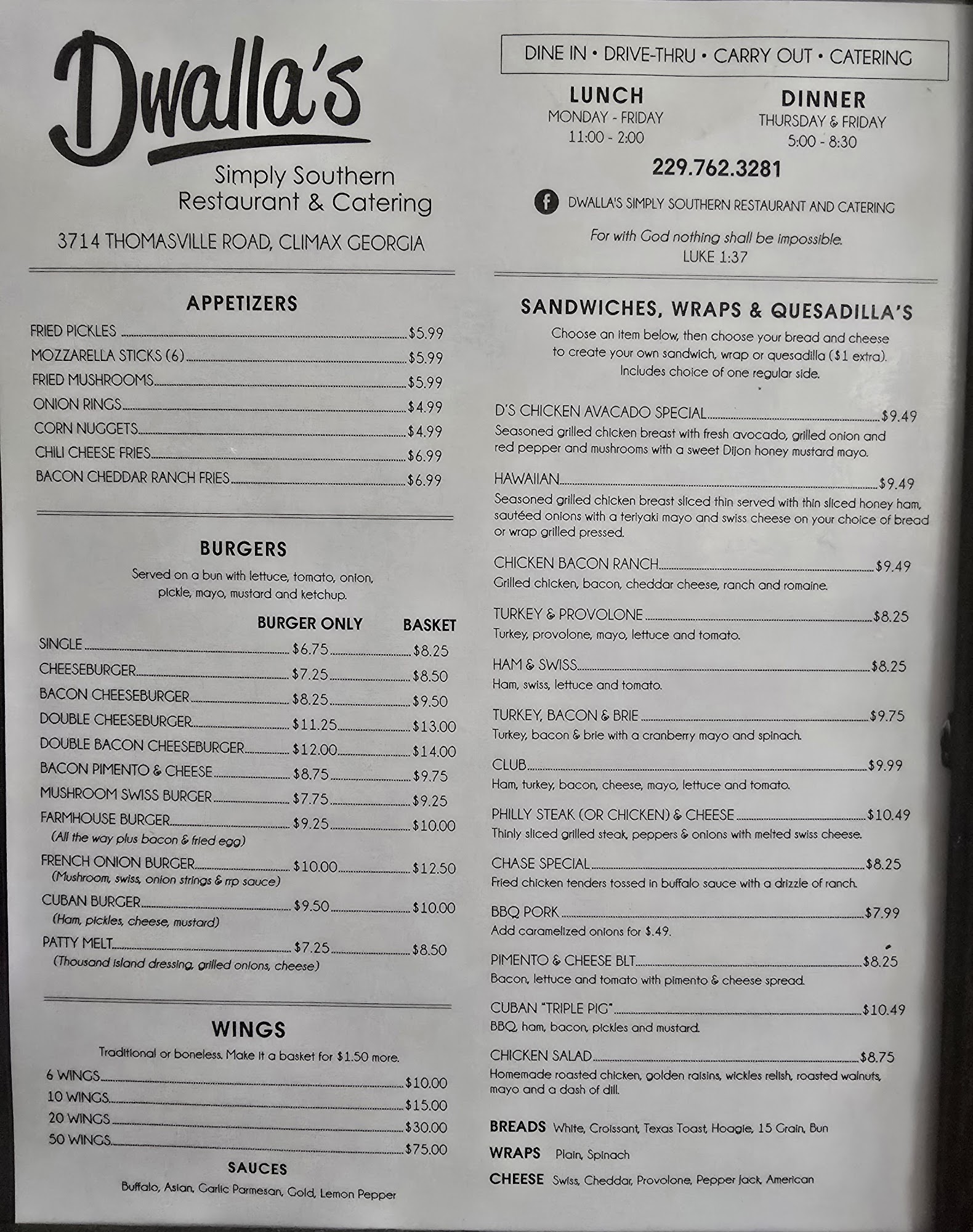 Dwalla's Menu