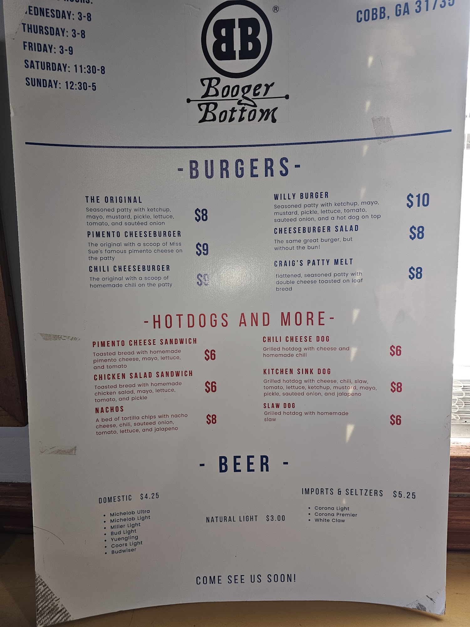Booger bottom Menu