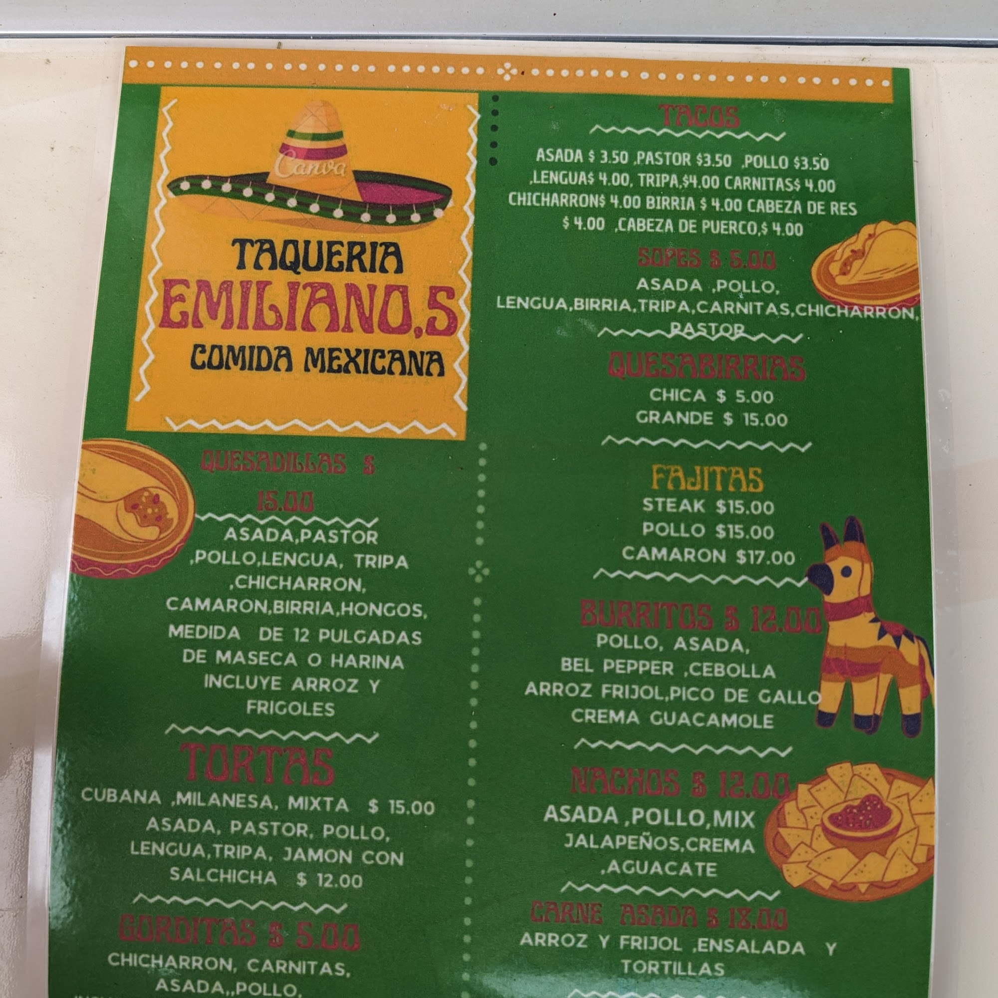 Emiliano's Taqueria Menu