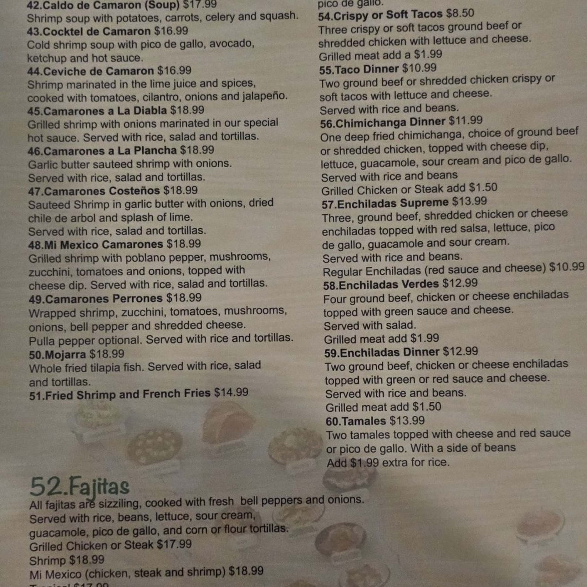 Mi México Restaurant Bar & Grill Menu