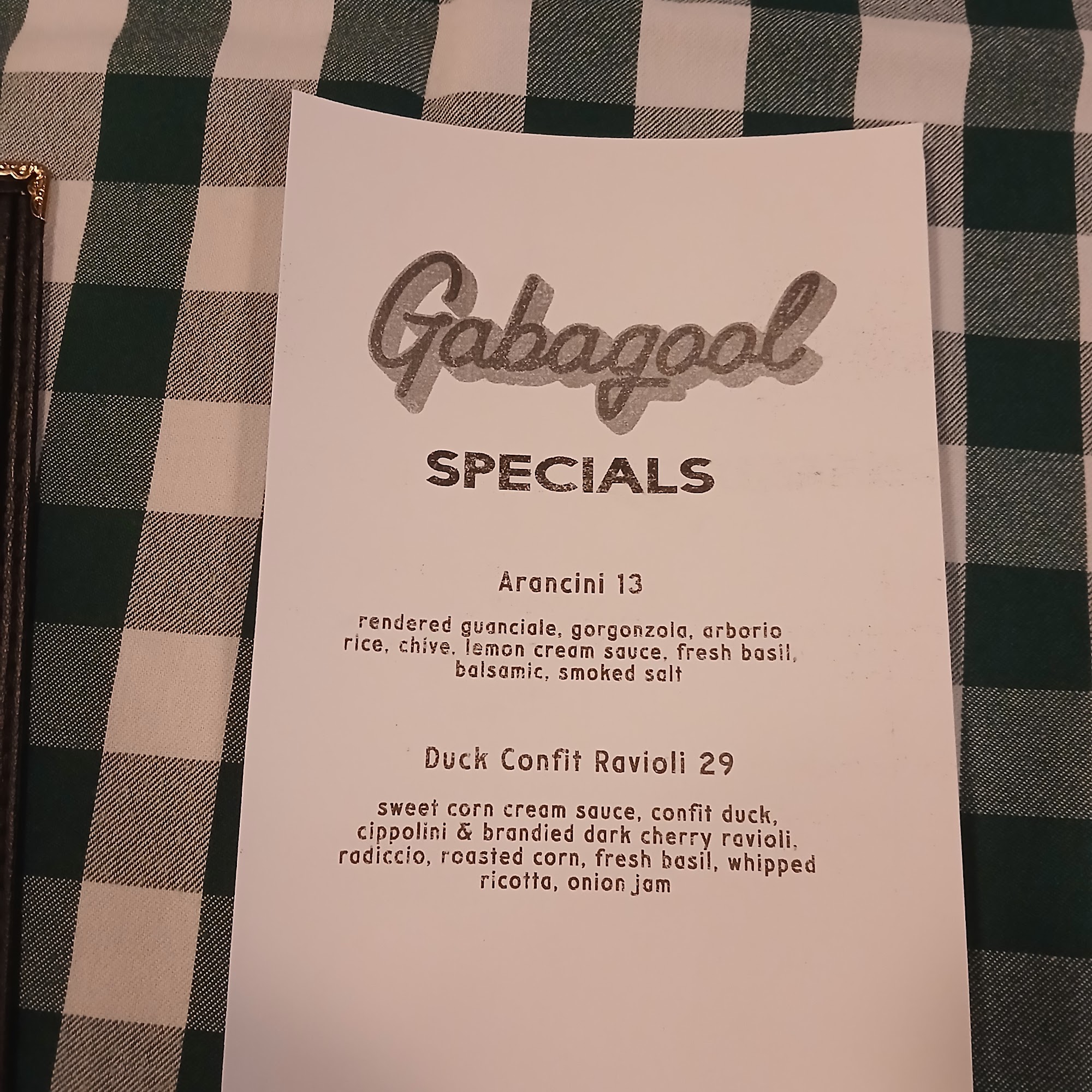 Gabagool Menu