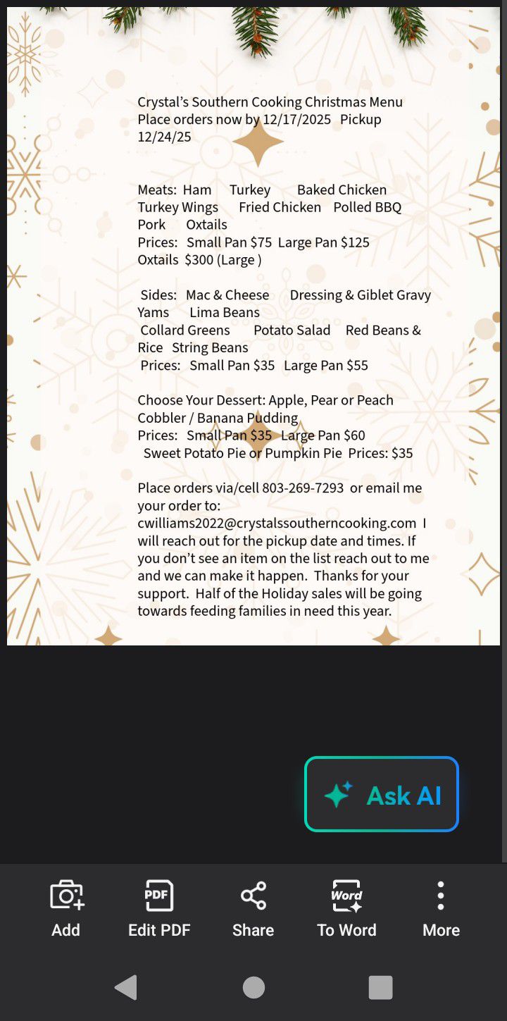 Crystal's Southern Cooking LLC Menu