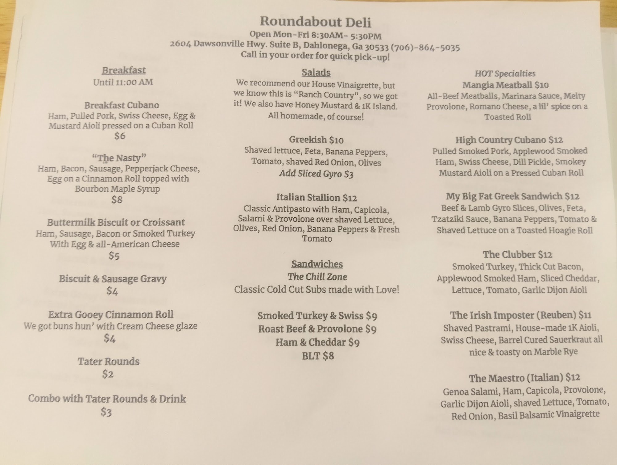 Roundabout Deli Menu