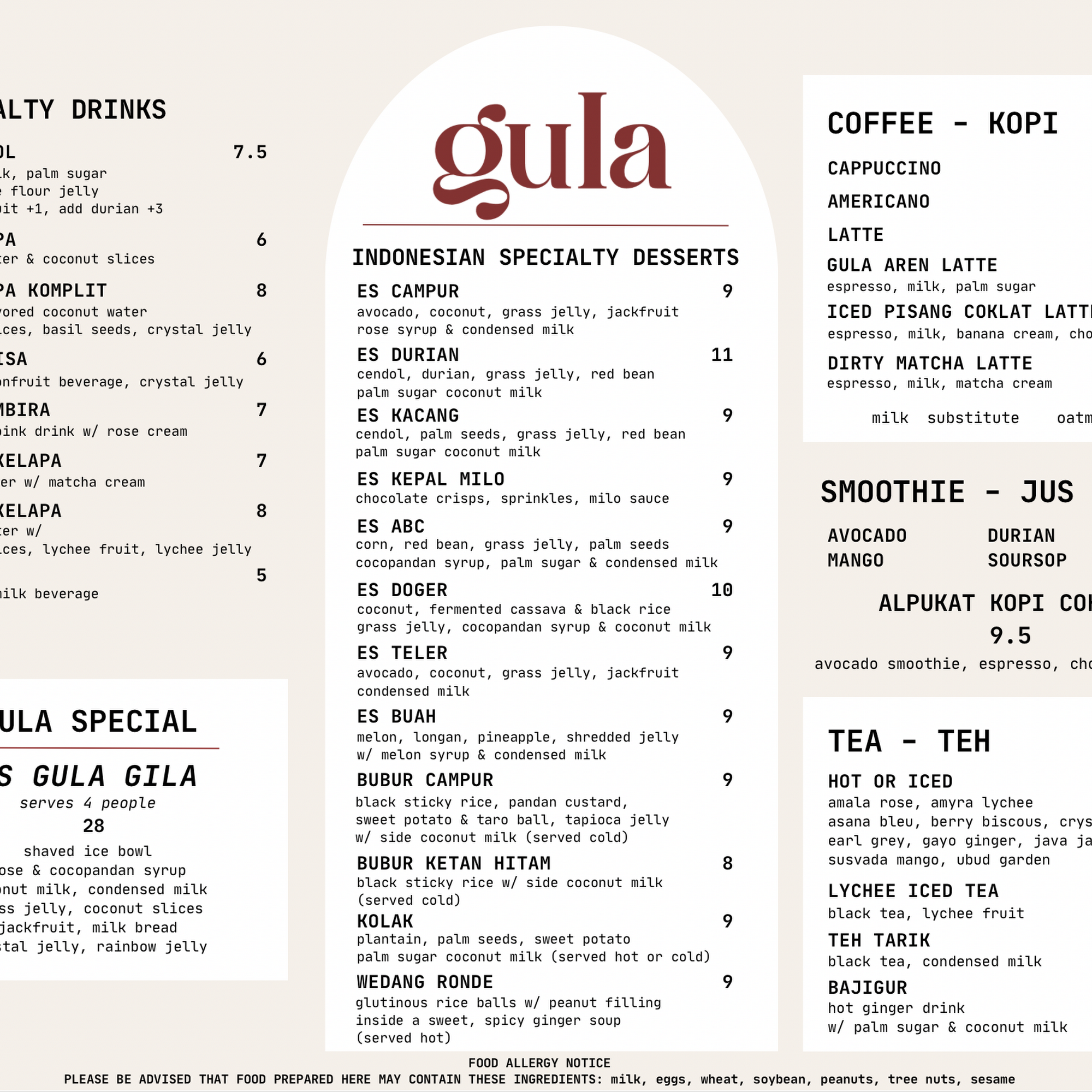 Gula Indonesian Dessert Café Menu