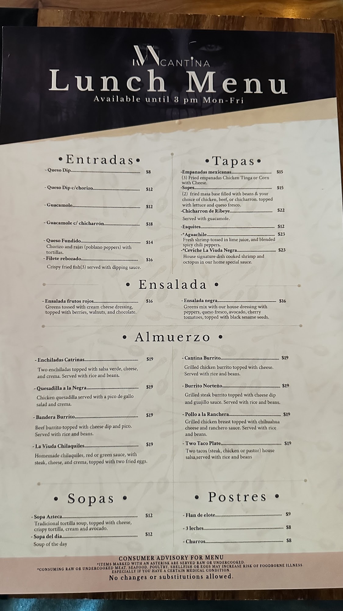 La Viuda Negra Cantina Menu