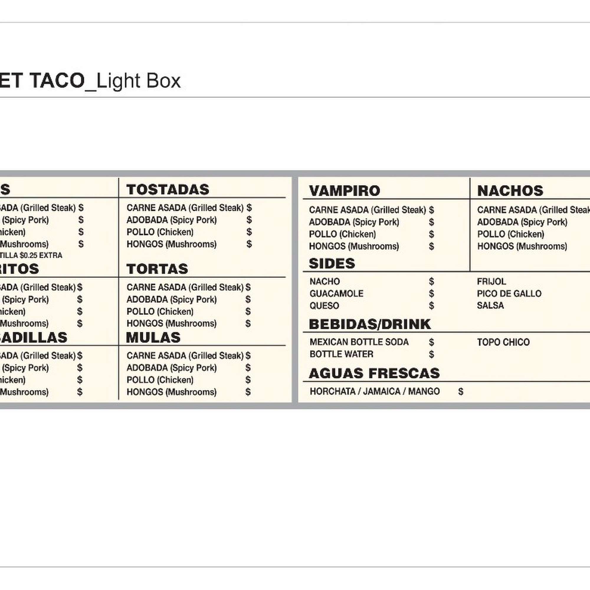 TJ STREET TACOS Menu