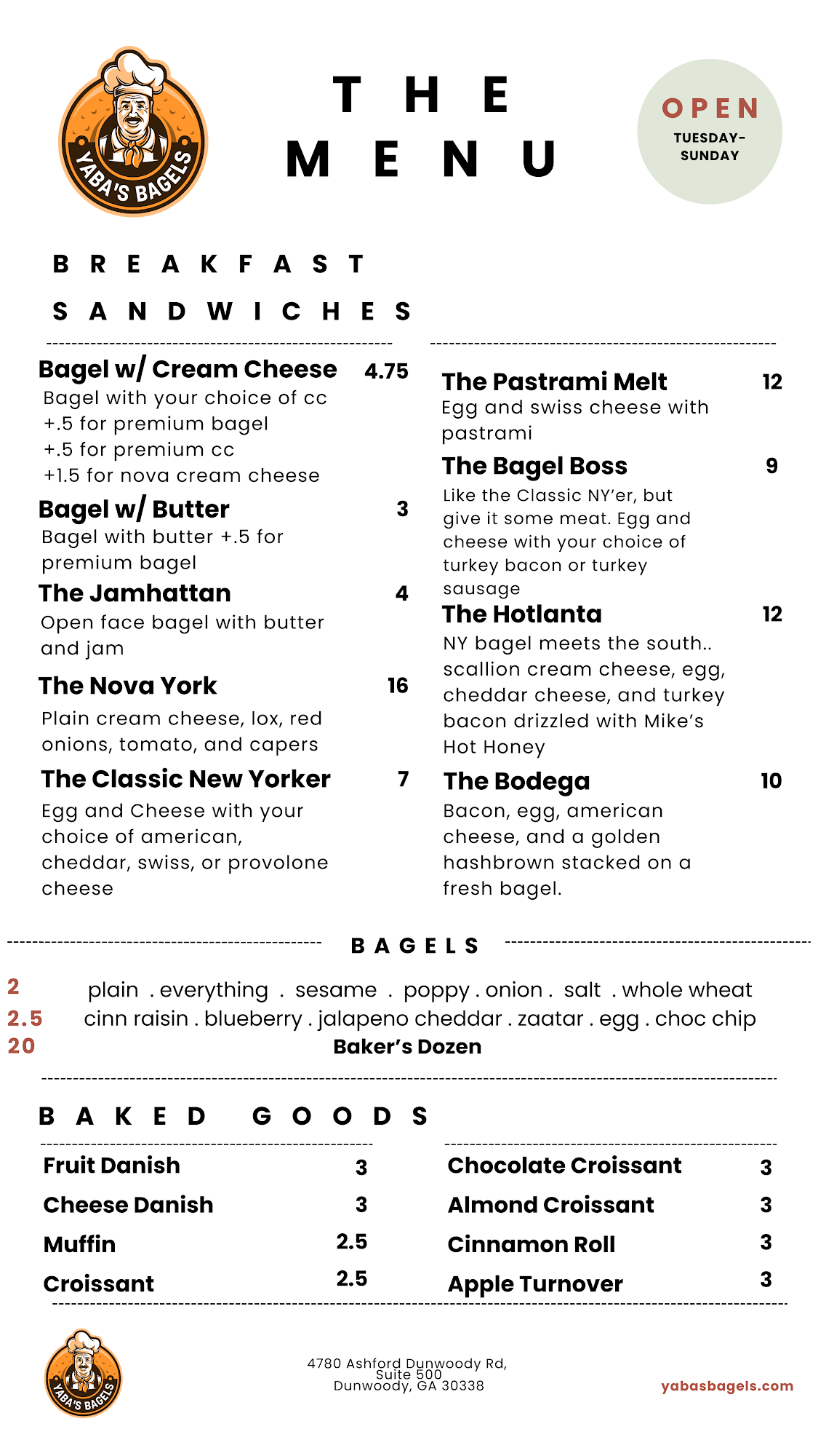 Yaba's Bagels Menu