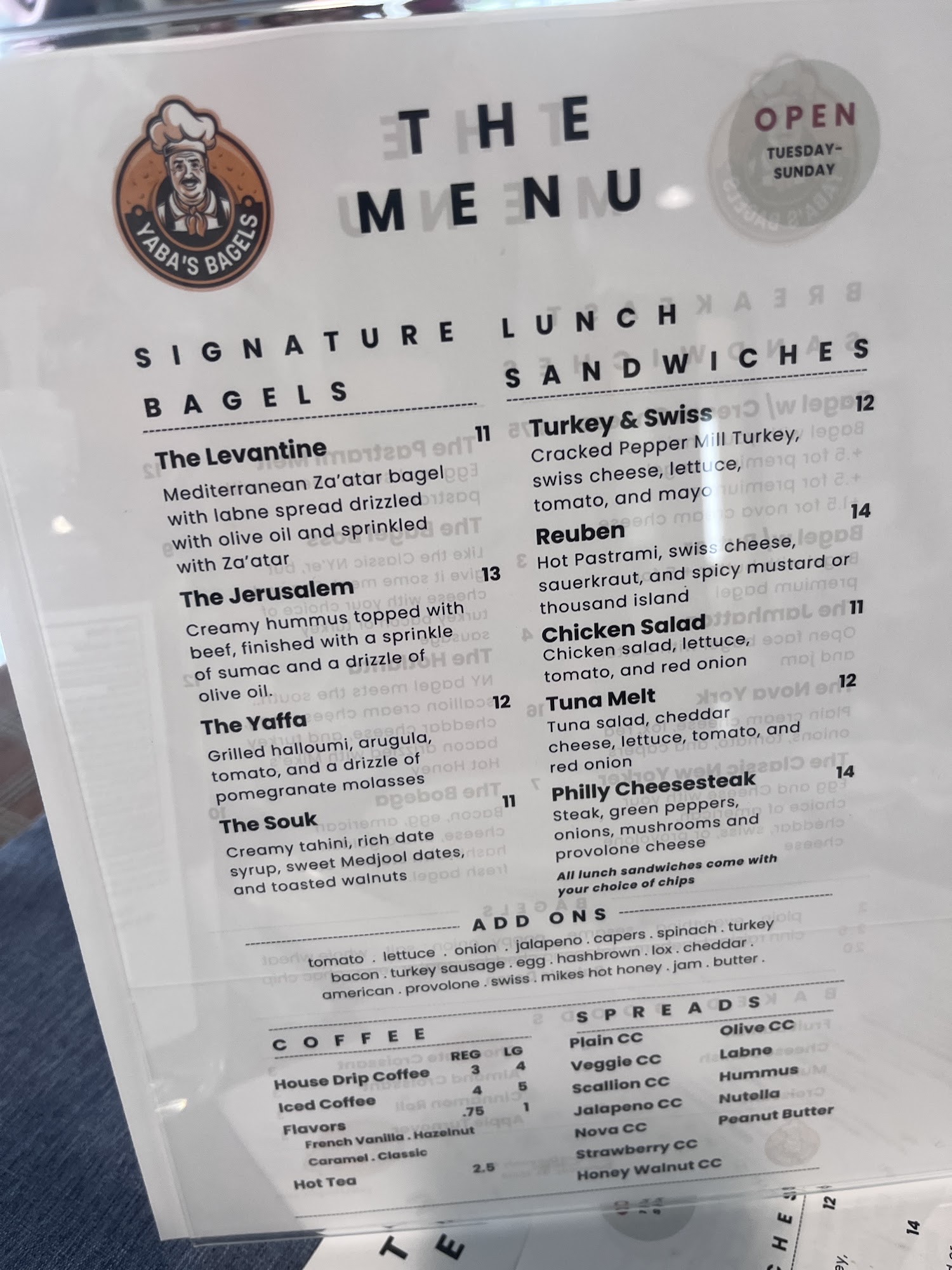 Yaba's Bagels Menu
