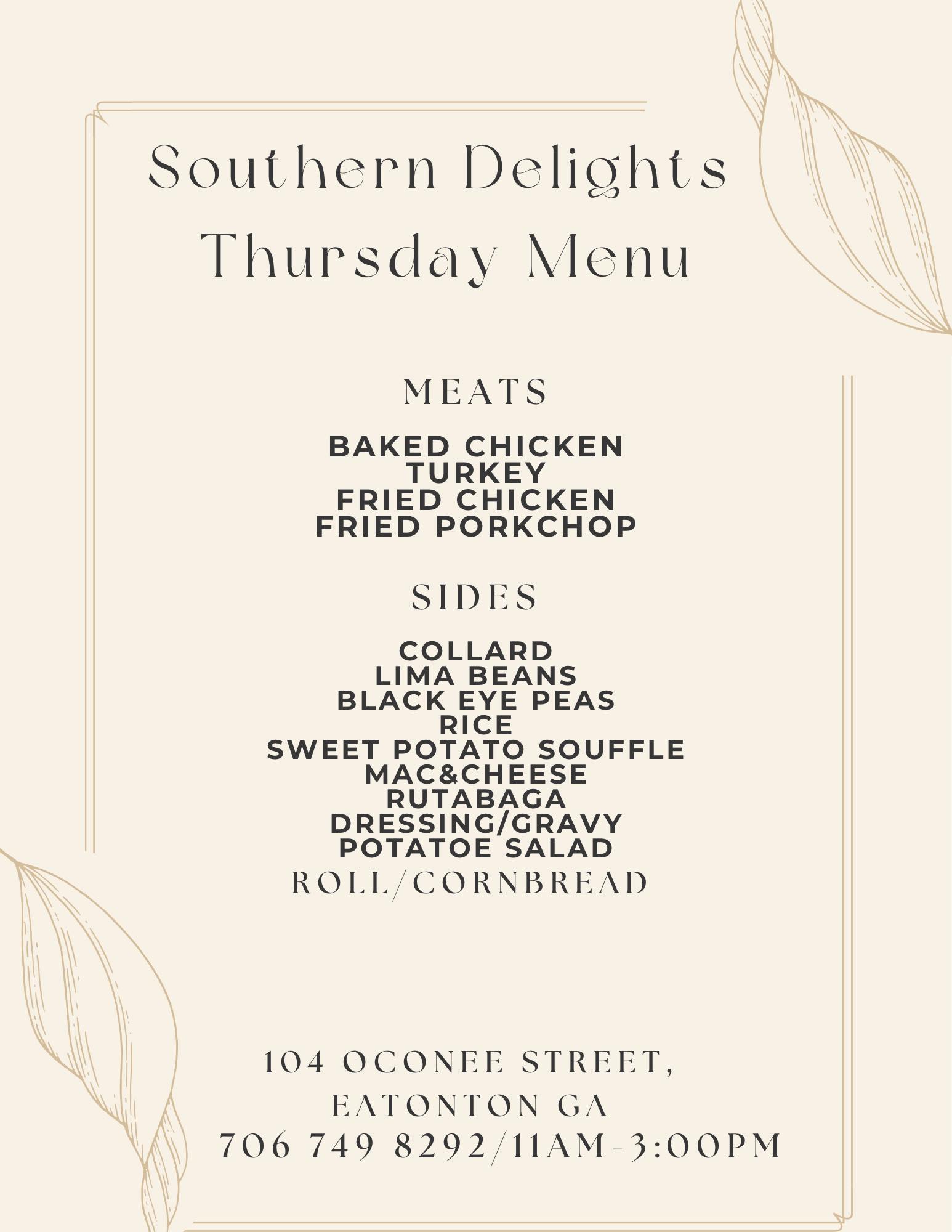 Southern Delight Cafeteria Menu
